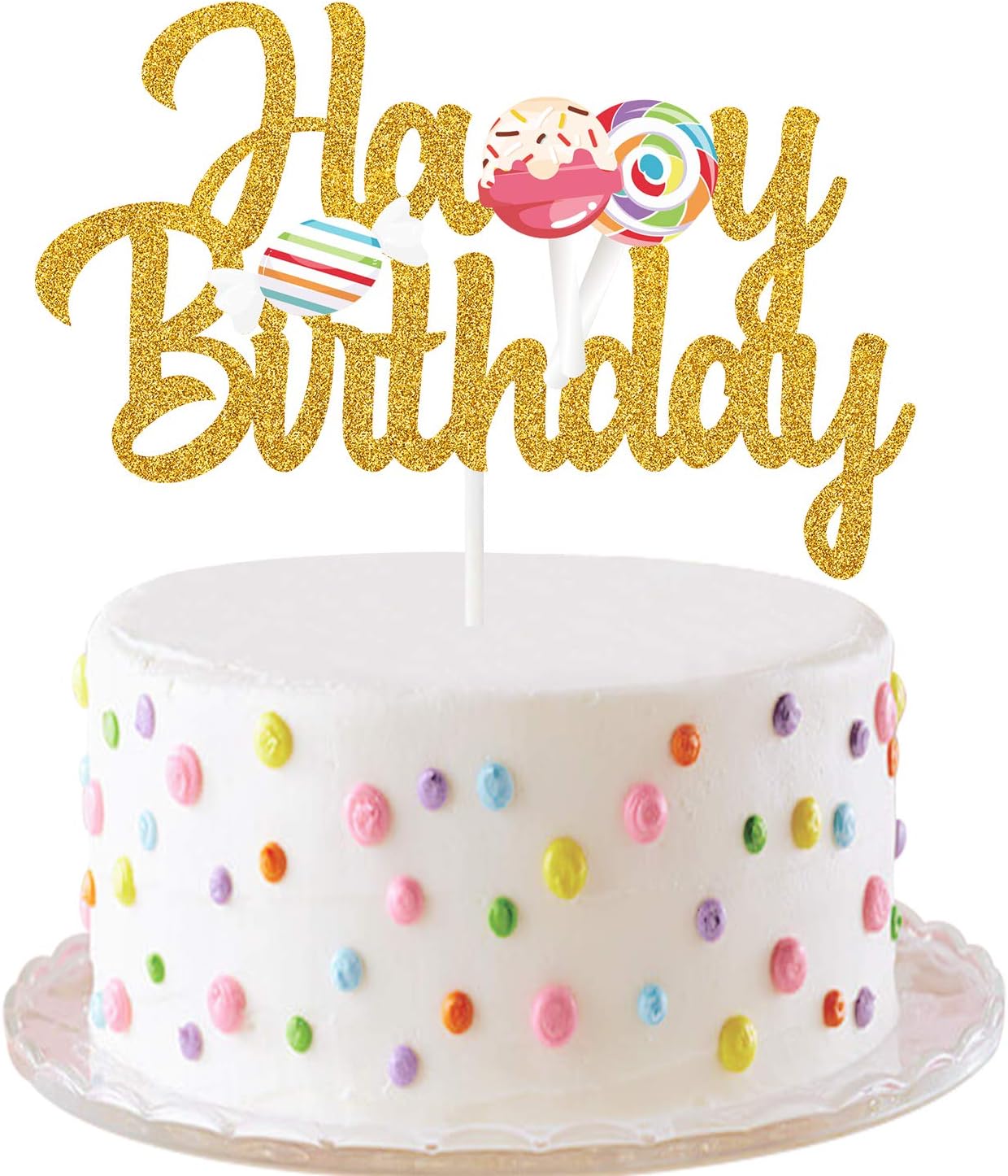 Yvokii Candyland Happy Birthday Cake Topper, Candy Rainbow Lollipop Birthday Theme Party Decor Baby Shower Boy Girl Anniversary Decoration Supplies