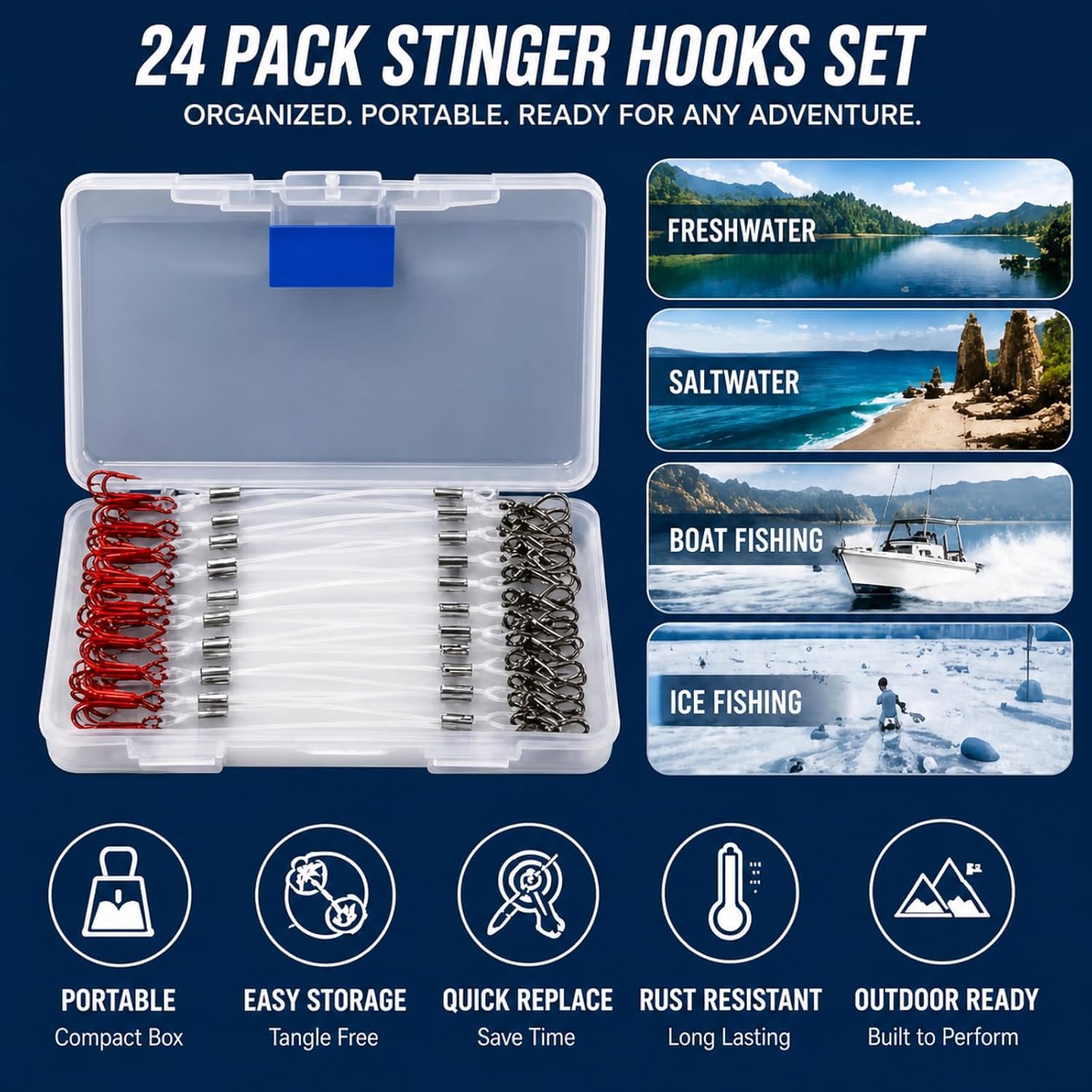 24 Pcs 2" Stinger Hooks Trailer Hooks Walleye with Storage Box | Slip on Stinger Hooks, Red Slippery Treble Hooks, Fishing Walleye Sauger, Lure Fishing Replacement, Freshwater Saltwater