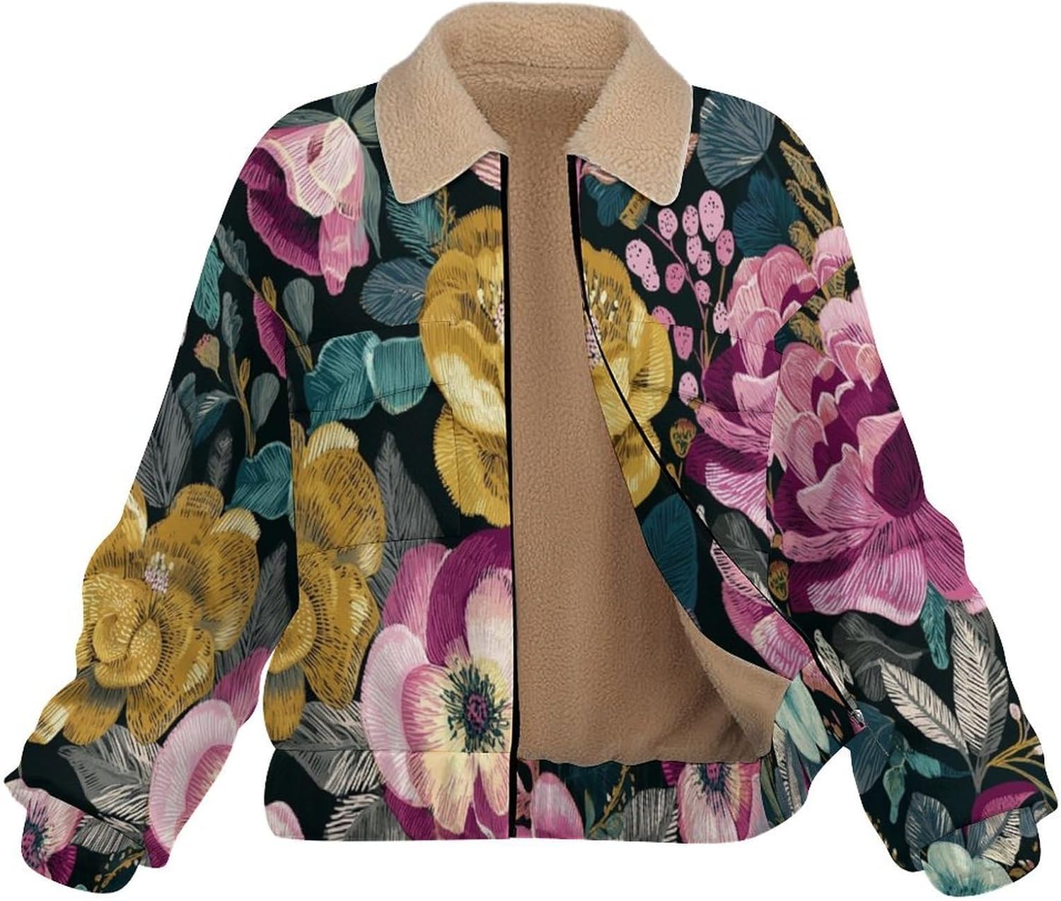 Women's Full Zip Soft Polar Fleece Jacket, Floral Peony Printed Outdoor Coat, Long Sleeve Comfortable Outerwear
