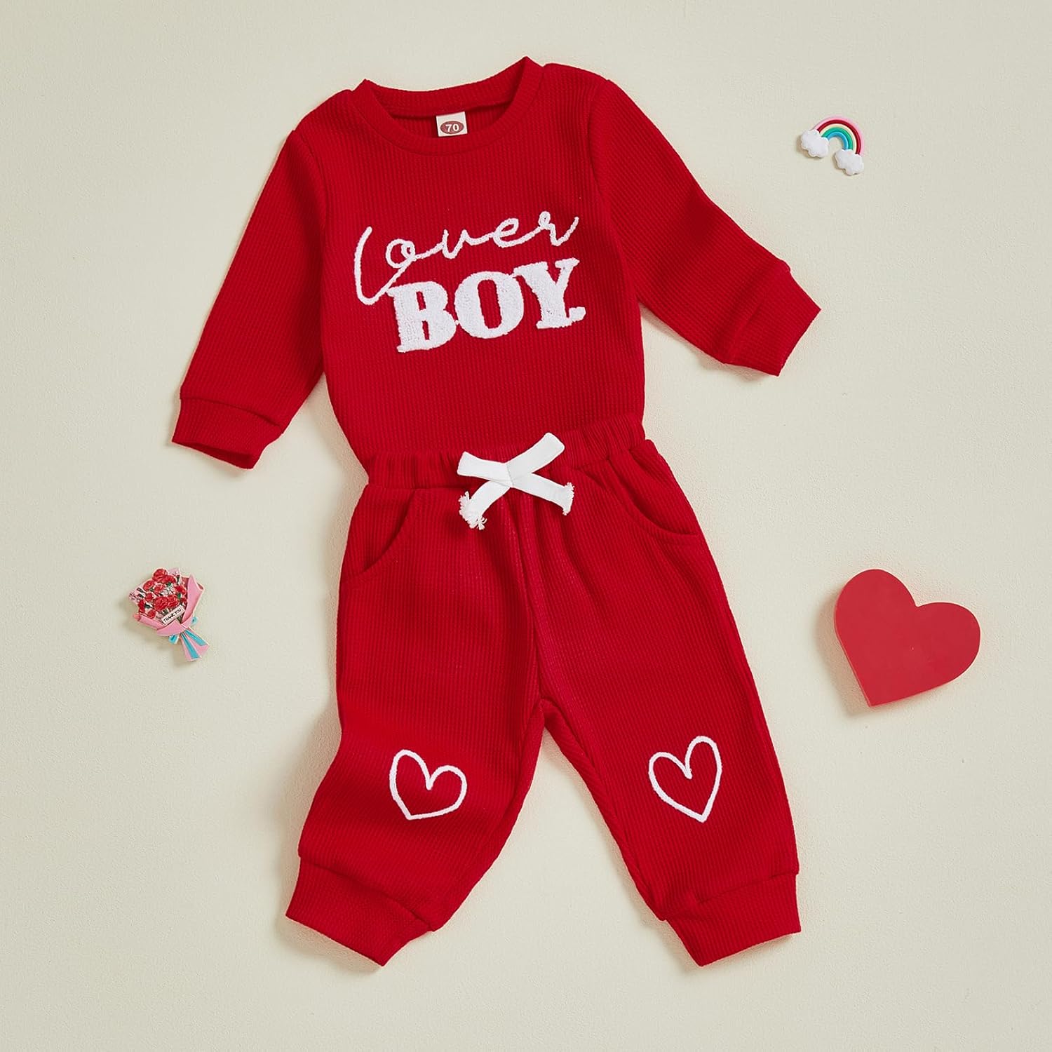 Newborn Infant Baby Boy Valentines Outfit Lover Boy Embroidery Waffle Knit Long Sleeve Romper Long Pants 2 Piece Set - Image 6