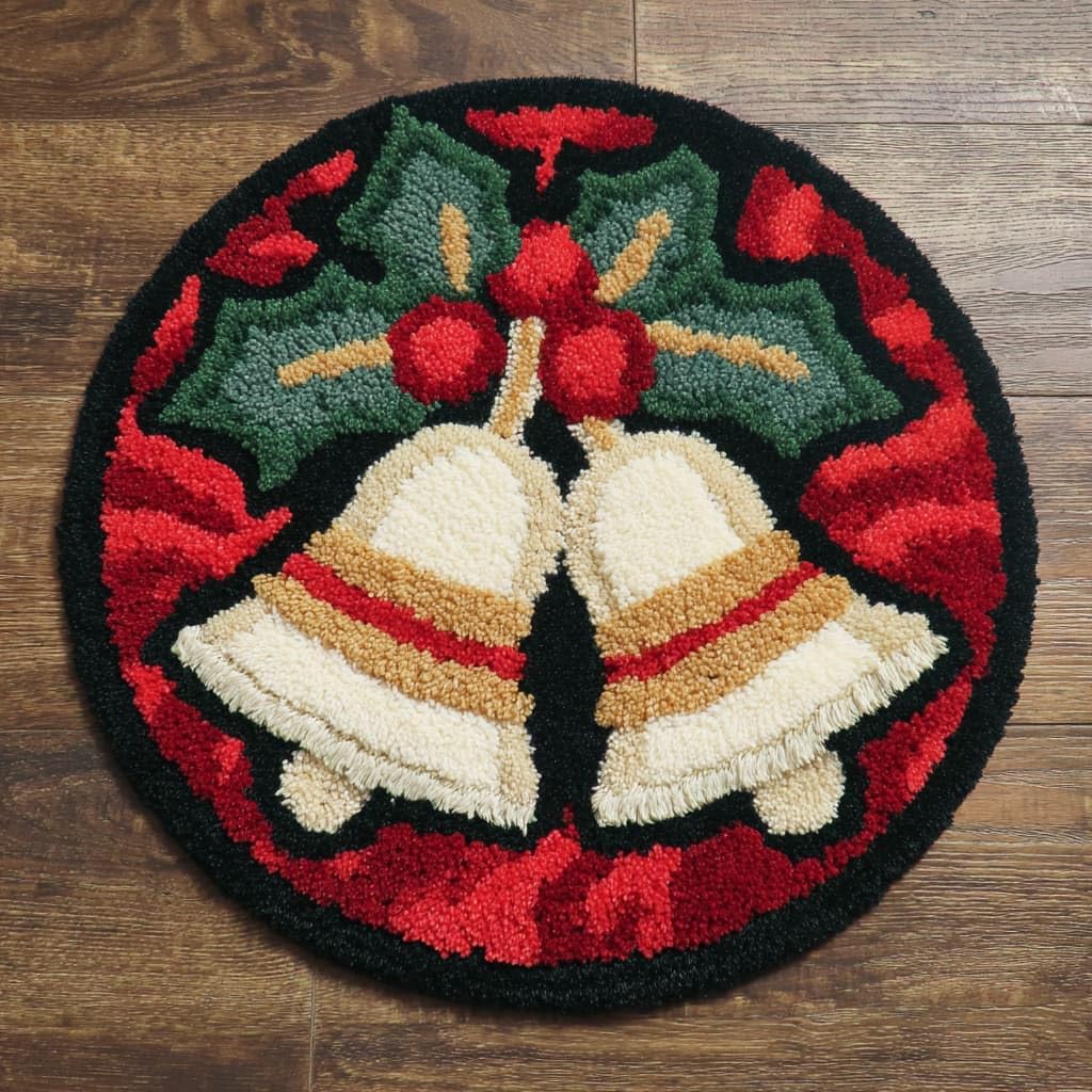 WallustrioaW DIY Latch Hook Rug Kits Christmas Bells Round Carpet Crochet Yarn Craft Rug Hook and Latch Tapestry for Home Decor 50x50cm