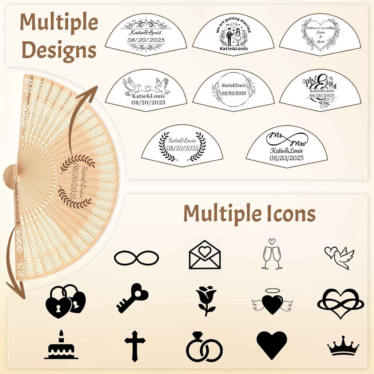 HJX Personalized Wooden Folding Hand Fans Custom Engraved with Organza Bags Wedding Party Favors for Guests Bulk (100, Style-2)