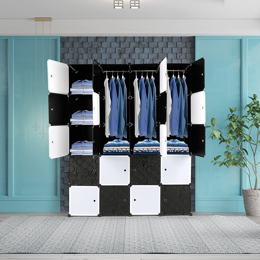 Armoire Penderie Modulable, 20 Cubes, Armoire Chambre, Étagère de Rangement avec Portes, pour Le Stockage de vêtements, Jouets, etc.. (Porte Noire et Blanche, 140 x 45 x 175 cm)