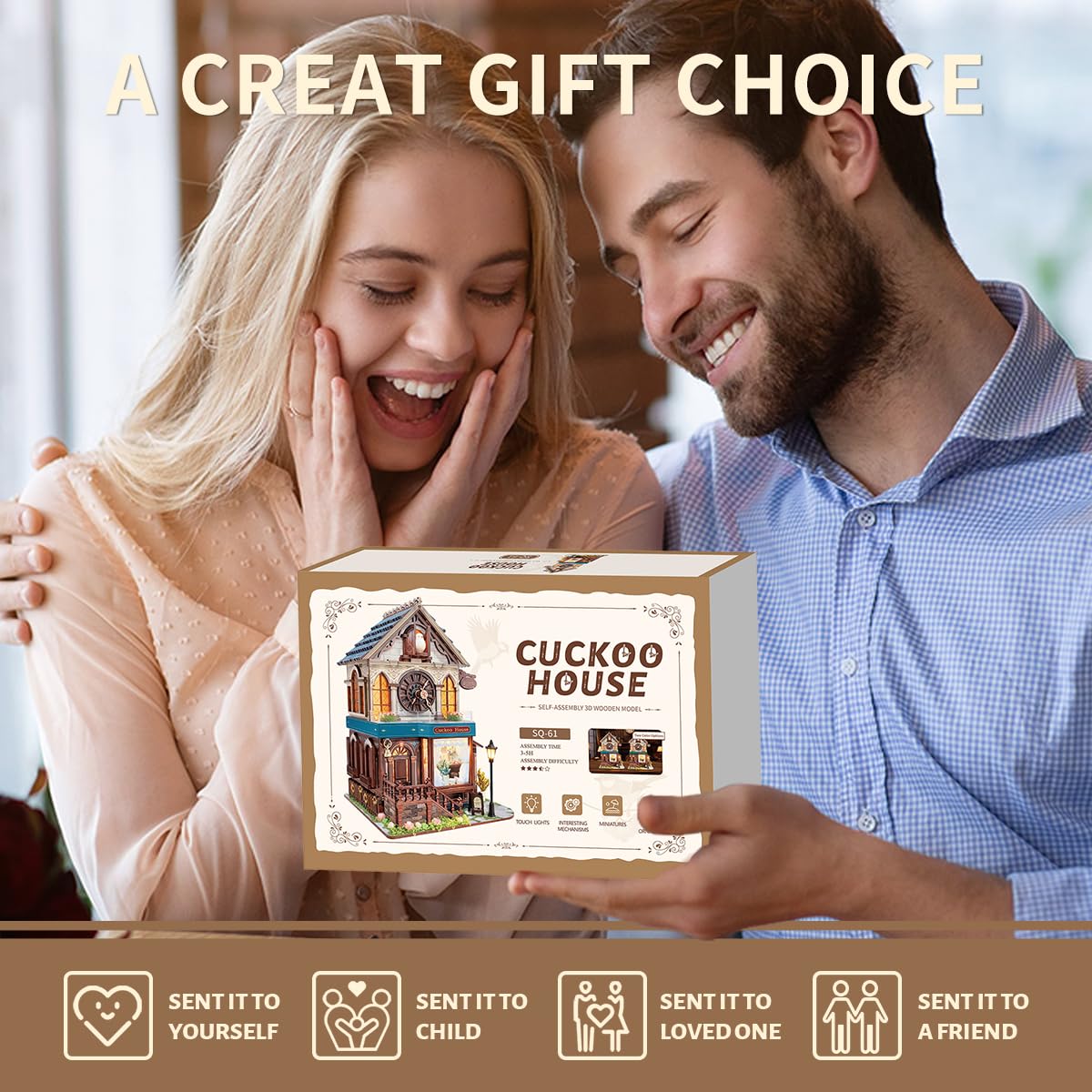 Puzzle in legno 3D, kit per orologio a cucù in miniatura, set di costruzione in legno per adulti e adolescenti, kit mini modello con interruttore tattile a 3 modalità - Casa