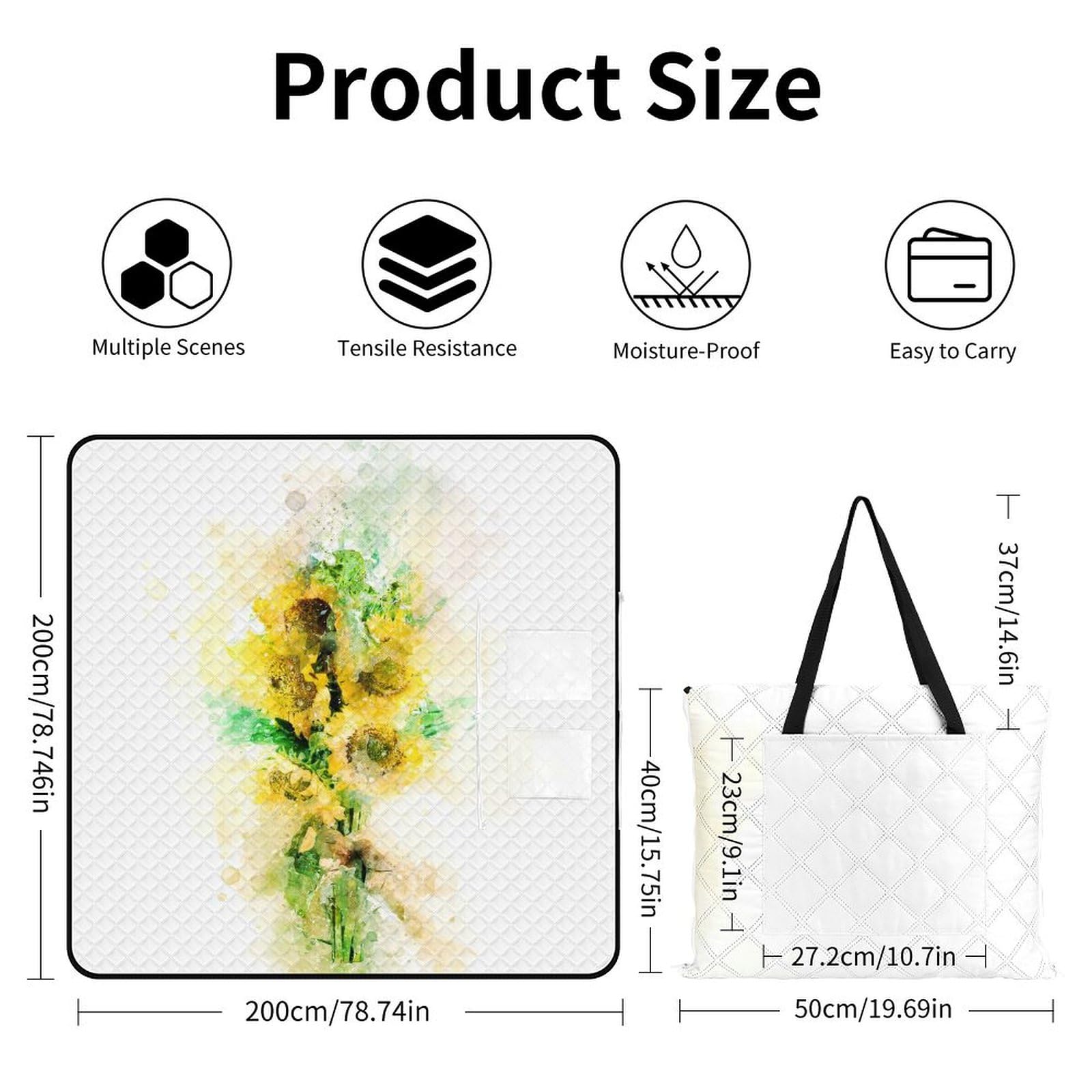 3D Impression Watercolor SunFleurs Couverture Pique Nique Tapis Pique Nique Nappe Picnic Couverture De Pique-Nique pour Le Voyage, Le Camping, Les Vacances, Etc 200x200cm