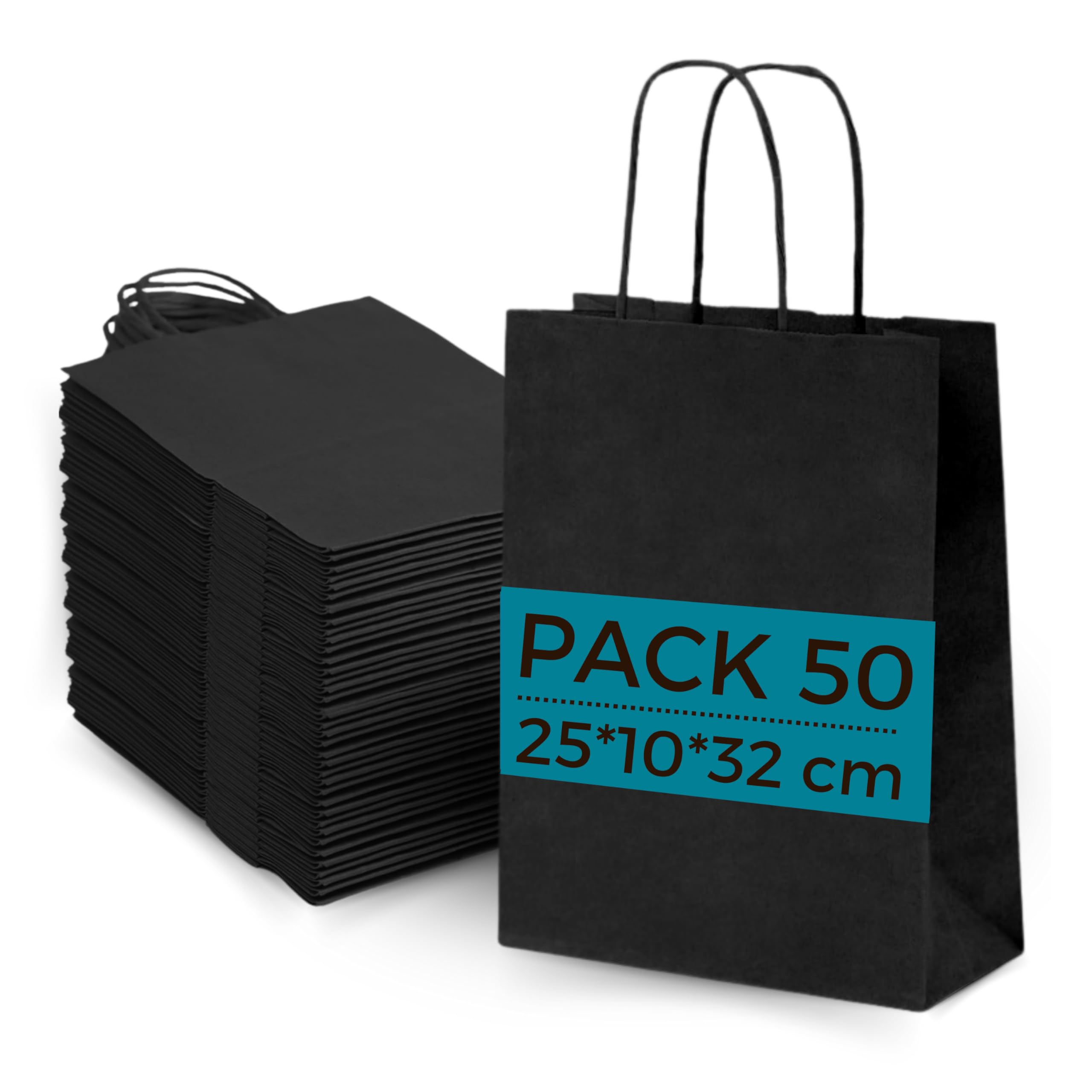 50 Sacchetti di Carta Kraft Nero con Manici 25x12x32cm | Borsa per lo Shopping, Regali di Nozze