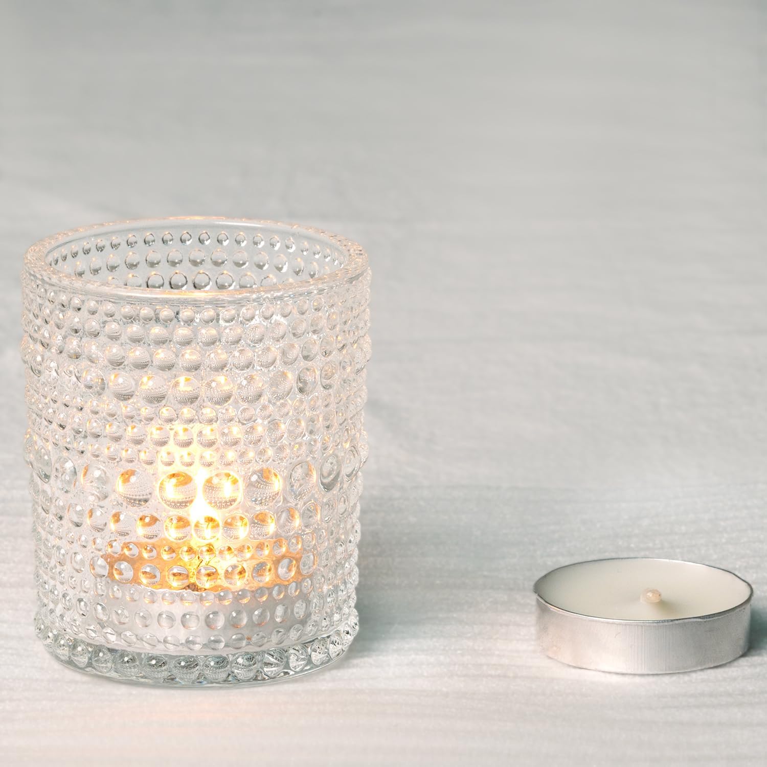 Edamame 24 Pcs Votive Candle Holders ，Clear Bulk Glass Candle Holder for Table Centerpieces, Tealight Candle Holders for Weddings, Parties and Home Decoration