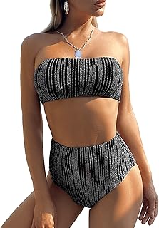 YELAIVP Shiny Strapless Bandeau High Waisted Bikini Swimsuits Glitter Padded Two - Compare price