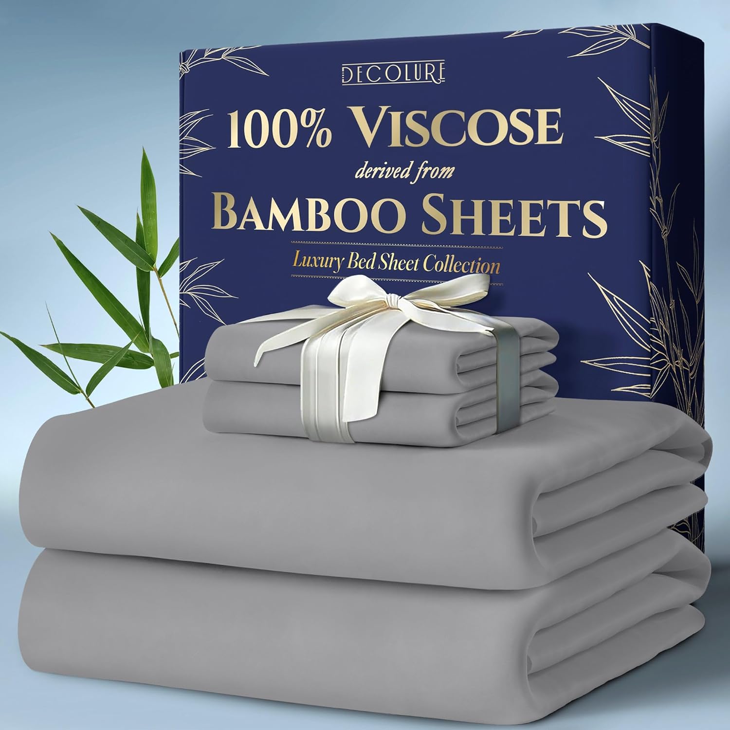 DECOLURE 100% Viscose Derived from Bamboo Sheets King Size 4pcs - Ultra Soft & Luxuriously Cooling, 17" Deep Pocket, Double Stitching, Perfect for Hot Sleepers - King Bed Sheets (Midgrey)