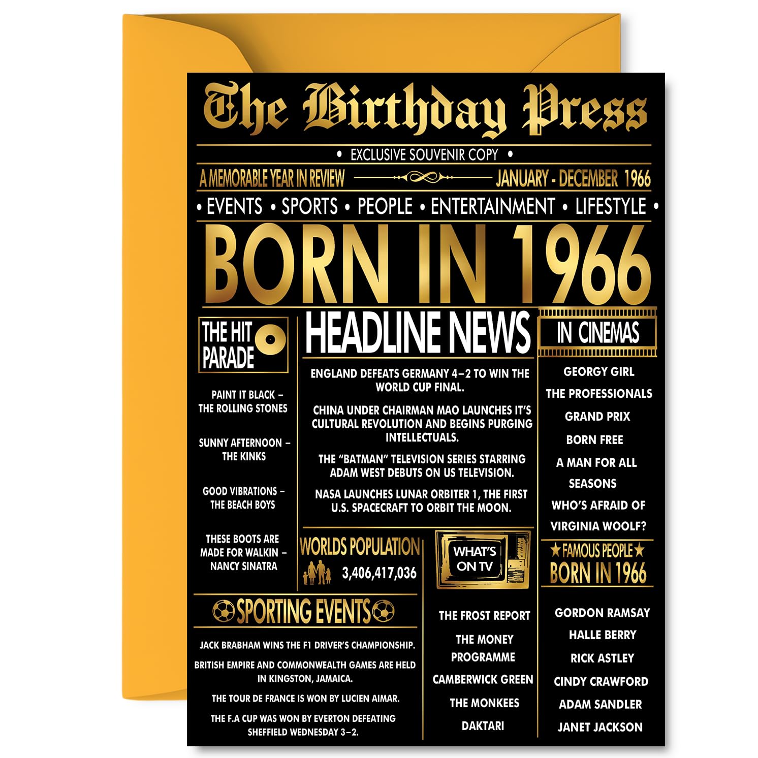 Gold 60th Birthday Card for Men Women - Black & Golden Newspaper Born in 1966 - Happy 60 Birthday Cards for Colleague Grandma Auntie Daughter Sister Neighbour, A5 Bday Greeting Cards