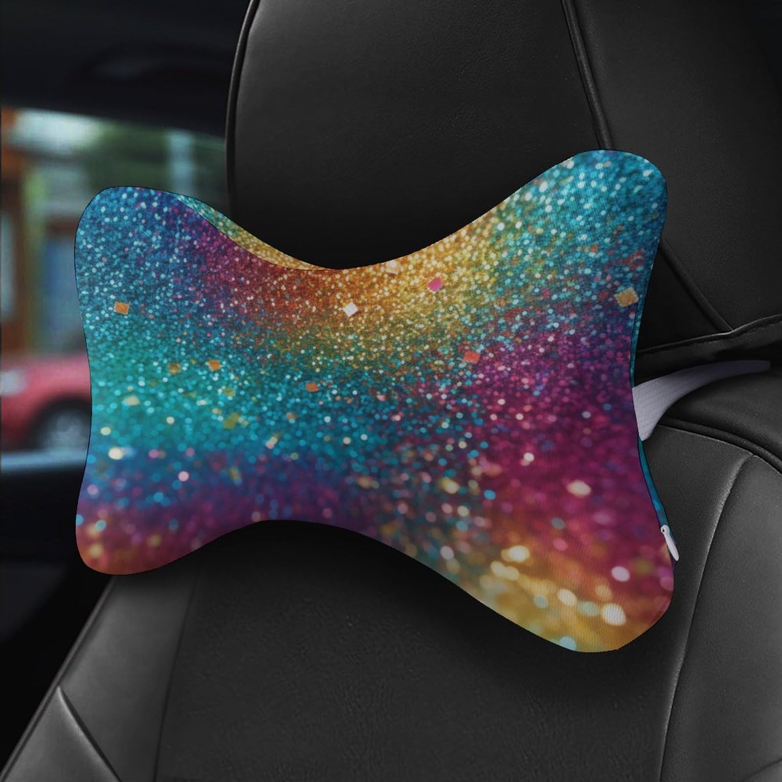 SMAZDFXX Rainbow Glitter Car Neck Pillow Set of 2 Car Seat Head Support Cushion Bone Pillows with Elastic Strap
