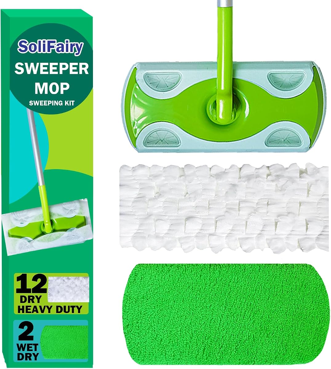 Sweeper Mop, Dry & Wet 2-in-1 Floor Mopping and Sweeping Kit | 51" Sweeper Handle, 12 Heavy Duty Dry Cloths, 2 Reusable Wet & Dry Pads, for Swiffer Sweeper
