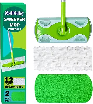 Sweeper Mop, Dry & Wet 2-in-1 Floor Mopping and Sweeping Kit, Includes 51" Sweeper Handle, 12 Heavy Duty Dry Cloths, 2 Reusable Wet & Dry Pads for Swiffer Sweeper, Dust Mop