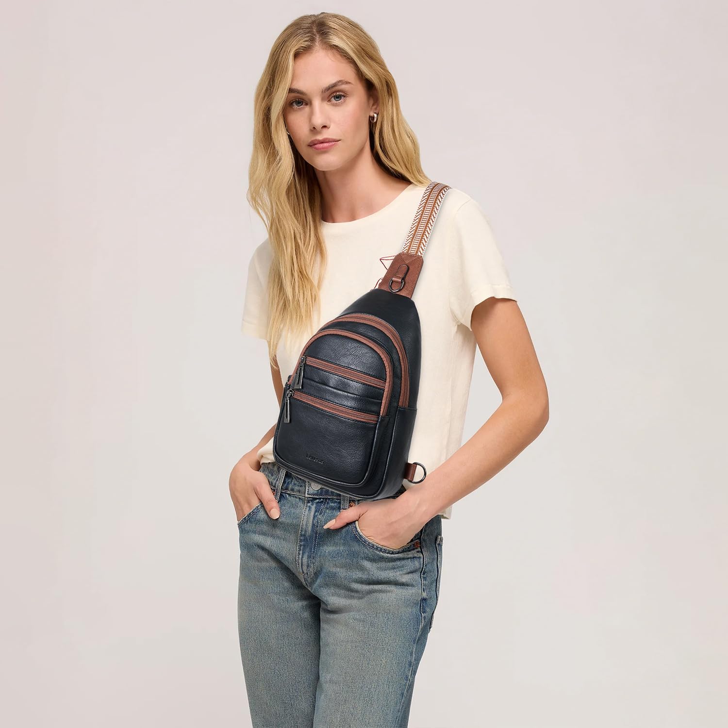 Sling Bag for Women Crossbody Fanny Pack Belt Bag Sling Purse Vegan Leather Trendy Travel Anti Theft Brown/Black - Image 3