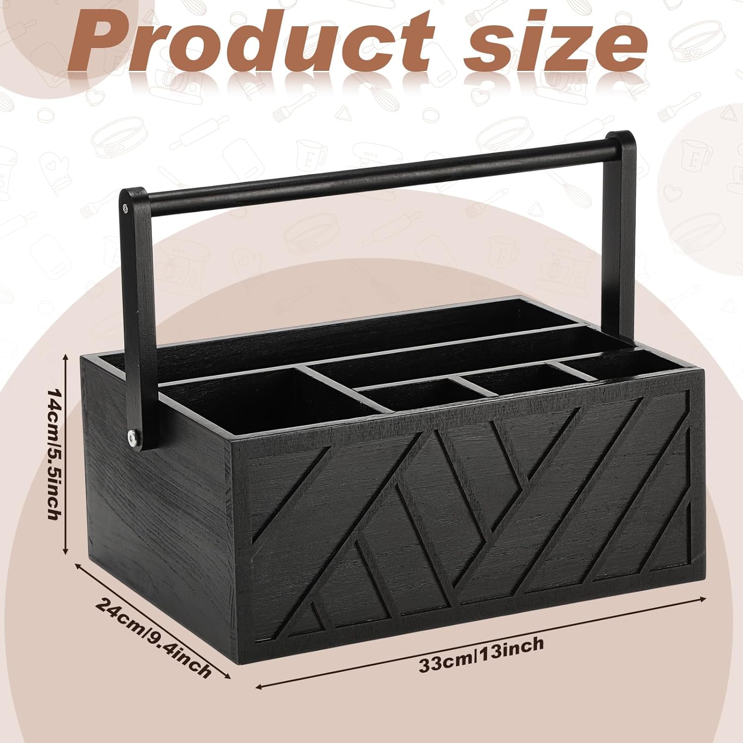 LemonRoad 13 Inch Rustic Silverware Caddy with Handle Wooden Flatware Utensil Holder Paper Plate and Silverware Caddy Organizer Cutlery Holder for Kitchen Countertop Picnic Cups Forks Napkins(Black)