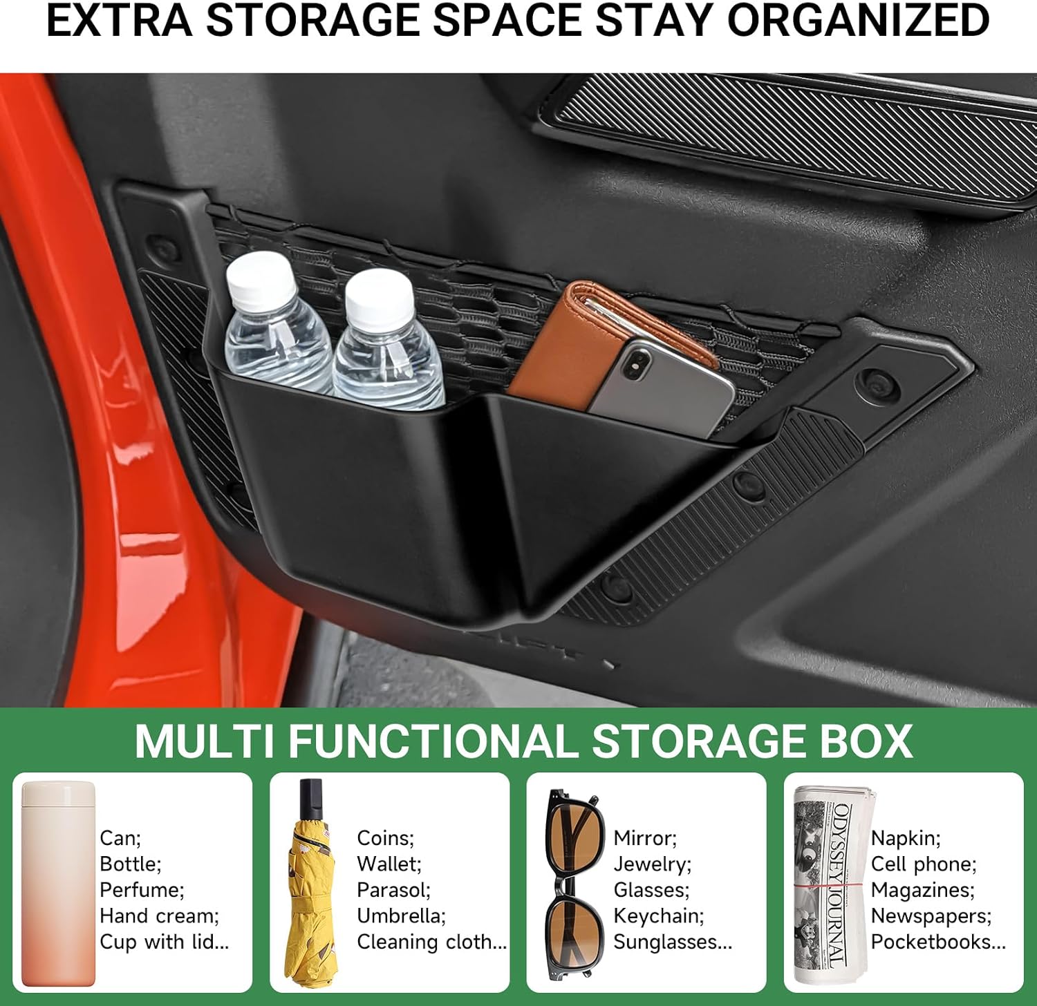4PCS Door Storage Pockets for Ford Bronco 2021 2022 2023 2024 2025 2026 Accessories Front and Rear Door Side Box Cup Holder Organizer Interior Expansion Frame Trim Black (Not for Sport)