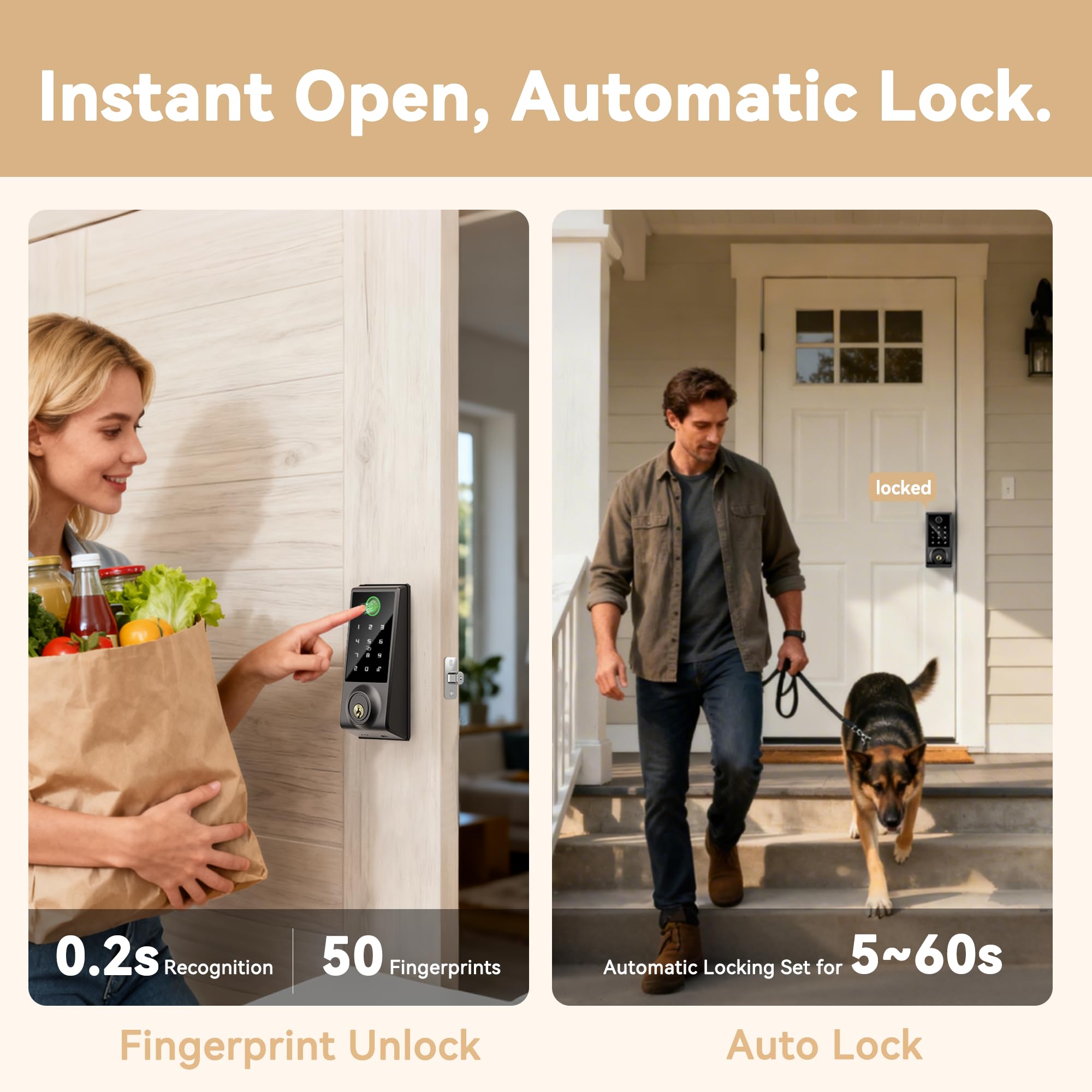 IRONZON Serrure de porte intelligente à empreintes digitales, pêne dormant sans clé 5 en 1 pour porte d'entrée avec clavier tactile, contrôle par application, verrouillage automatique, serrure de