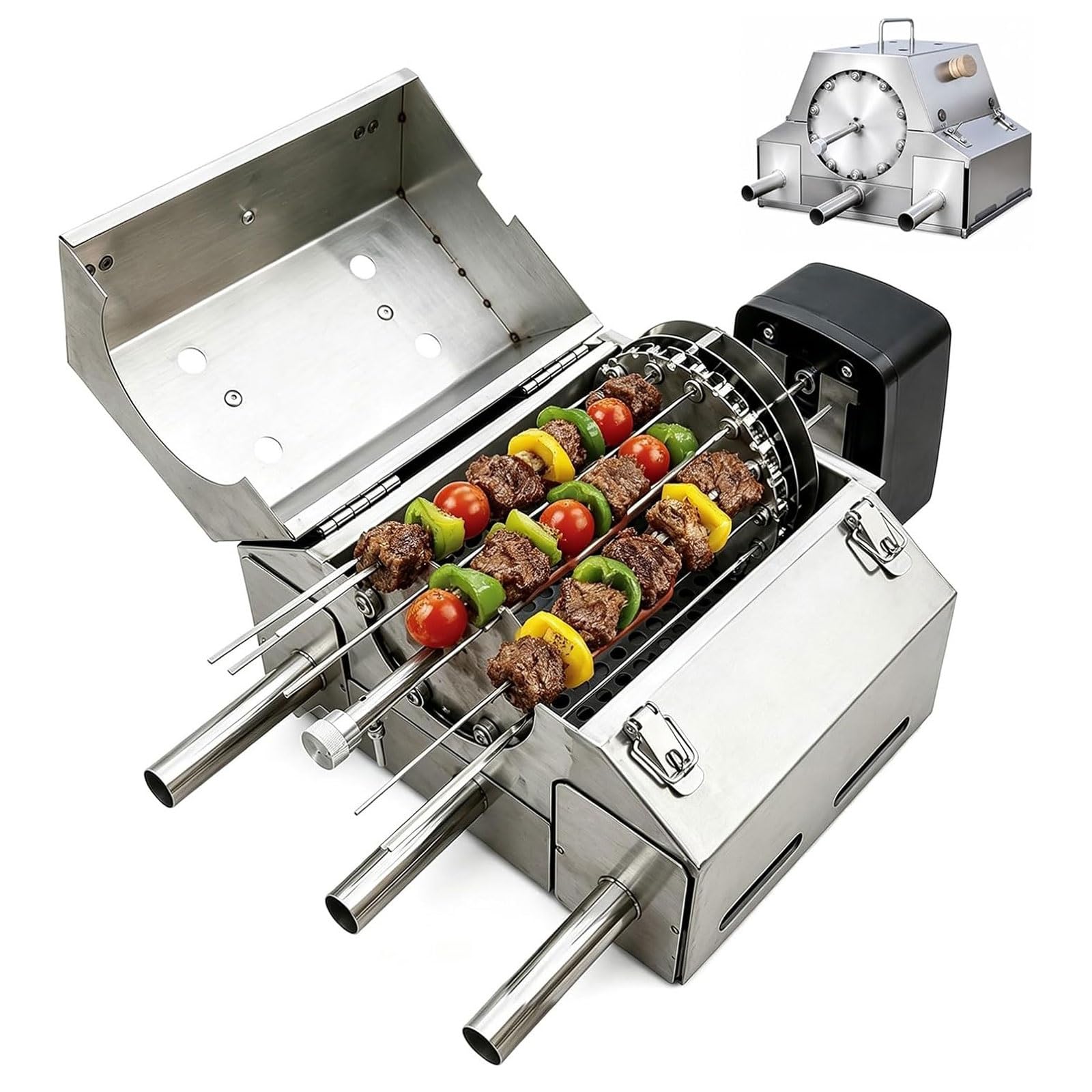 FHRKA Automatic Rotary Grill, Electric Rotating Rotisserie Grill with Tumble Basket, Stainless Steel Smokeless Charcoal Grill (20Skewers)