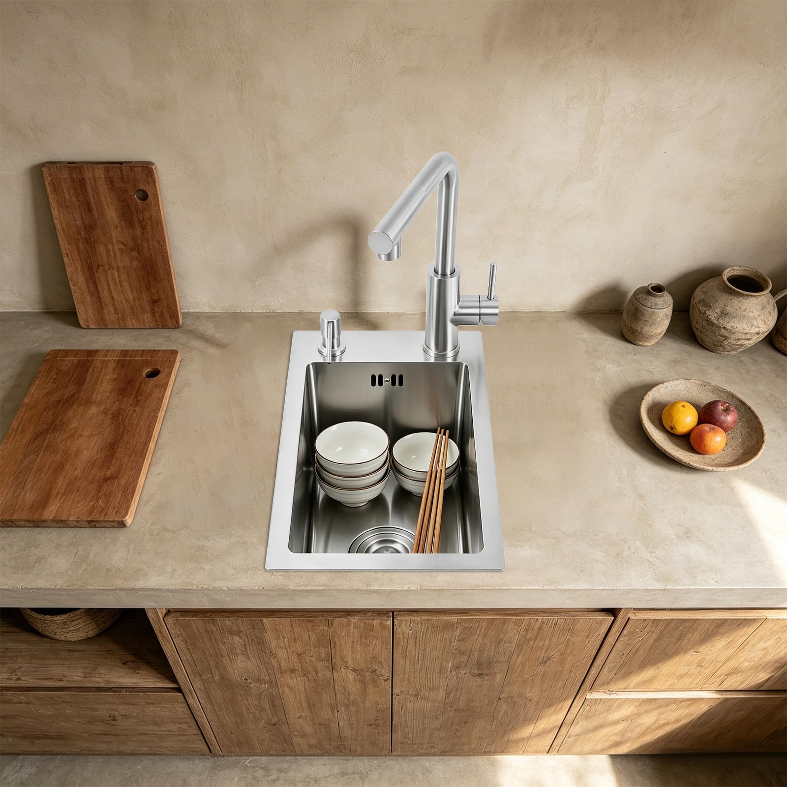 Küchenspüle Spülbecken mit Ausziehbarem Wasserhahn und Seifenspender 46x28x22cm Edelstahlspüle für Küche Schnelle Entwässerung 304 Edelstahl Single Sink