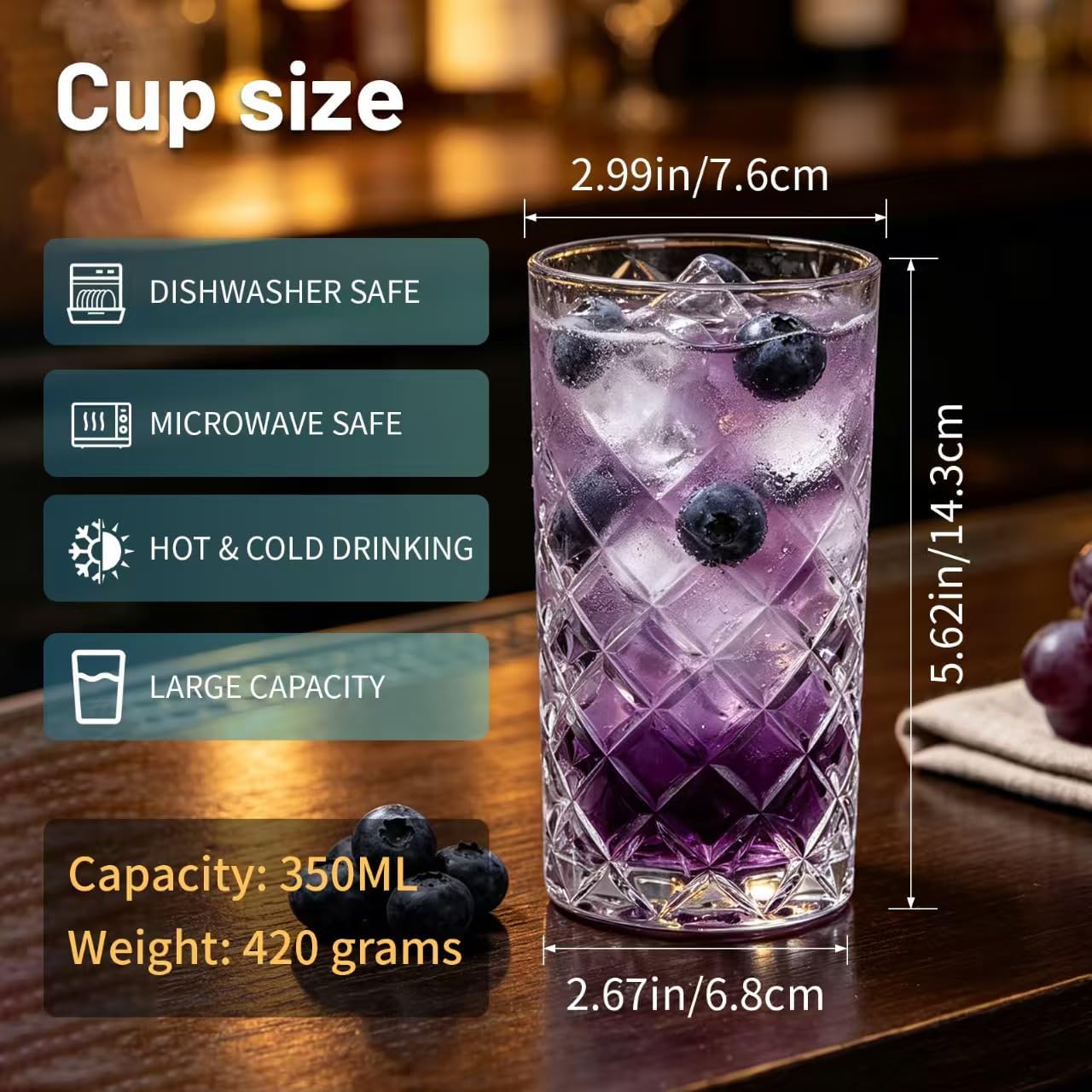 2 Pack 12oz Diamond Cut Highball Glasses, Premium Tall Drinking Glass Cups, Weighted Base Dishwasher Safe, Clear Bar Glassware for Cocktail, Beer, Wine, Juice and Iced Tea