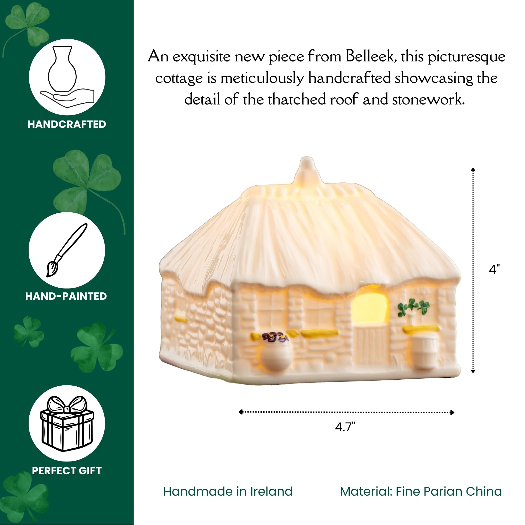 Belleek 2025 Edition Piece - Irish Thatched Cottage Led Luminaire - Handcrafted Porcelain Figurine Lamp - Shamrock Light Up Figurine - 4.7”L x 3.9”W x 4”H, White