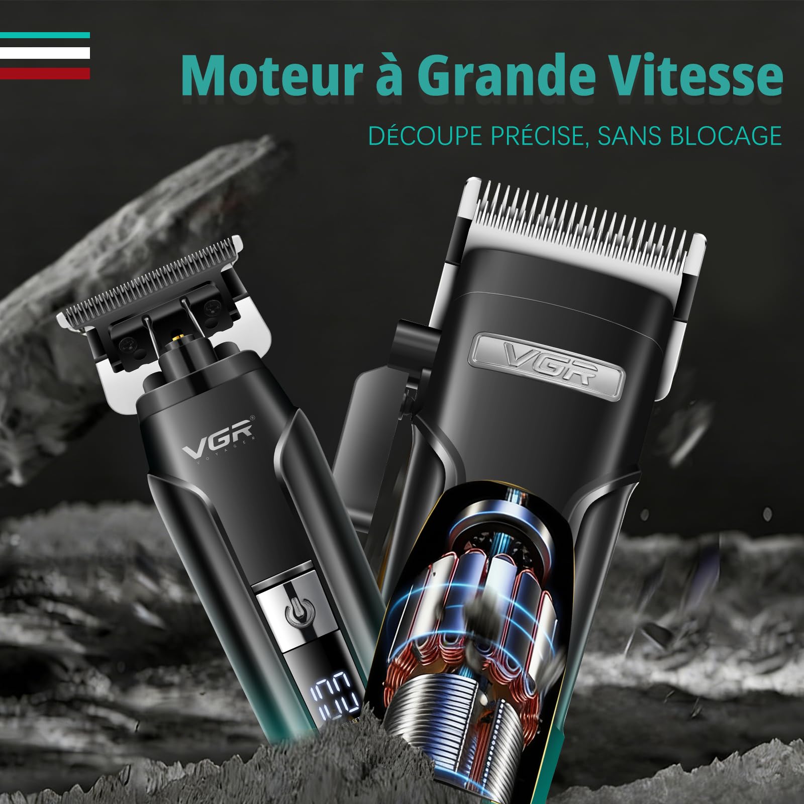 VGR 694 Tondeuse Cheveux Hommes Professionnel Kit Équipé Lames en Céramique | Tondeuse Barbe et Cheveux Homme Comprenant Station de Charge Magnétique, Kit Barber Avec Affichage LED