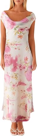Floral Dress for Women Cowl Neck Backless Maxi Dresses Cap Sleeve Mesh Long Formal Dress Wedding Guest