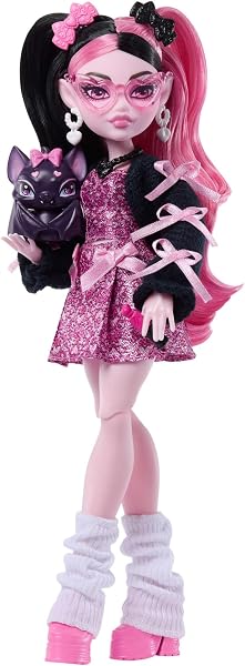 Monster High-Puppe, Draculaura mit rosa Kleid mit Schleifen und schwarzer Strickjacke, mit Fledermaus Count Fabulous und 7 Zubehörteilen wie Ramen, Lippenstift und Tasche, JHK29 - 4
