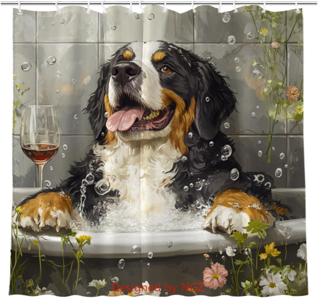 NGZ Funny White Terrier Shower Curtain, SPA White Terrier with Wine, Grey Shower Curtain, 72x72 Inches Floral Shower Curtains for Bathroom, Bath Curtains Set with 12 Hooks