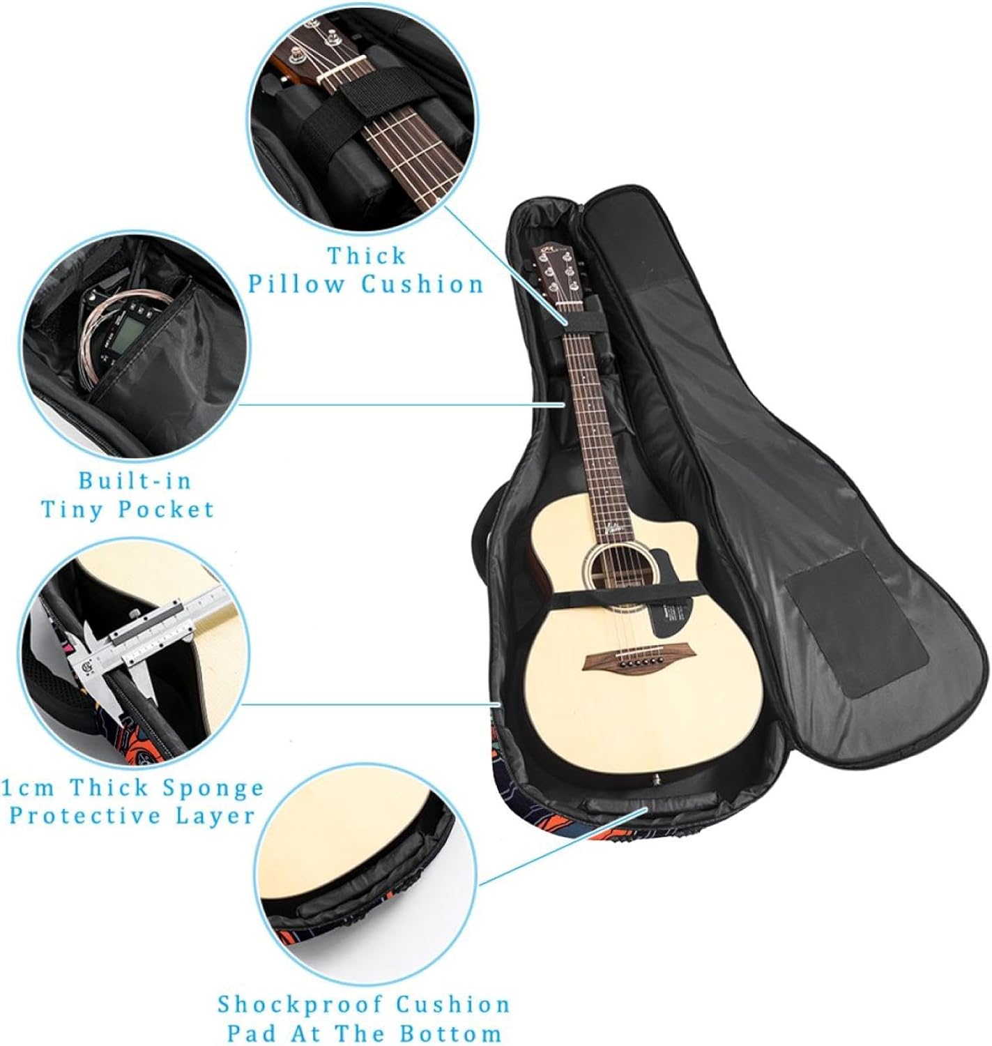 Acoustic Guitar Bag 0.4 Inch Thick Padding Waterproof Guitar Case Gig Bag for 40 41 42 Inch Electric Bass Classical Guitar, Colorful Racing Car Doddle Seamless
