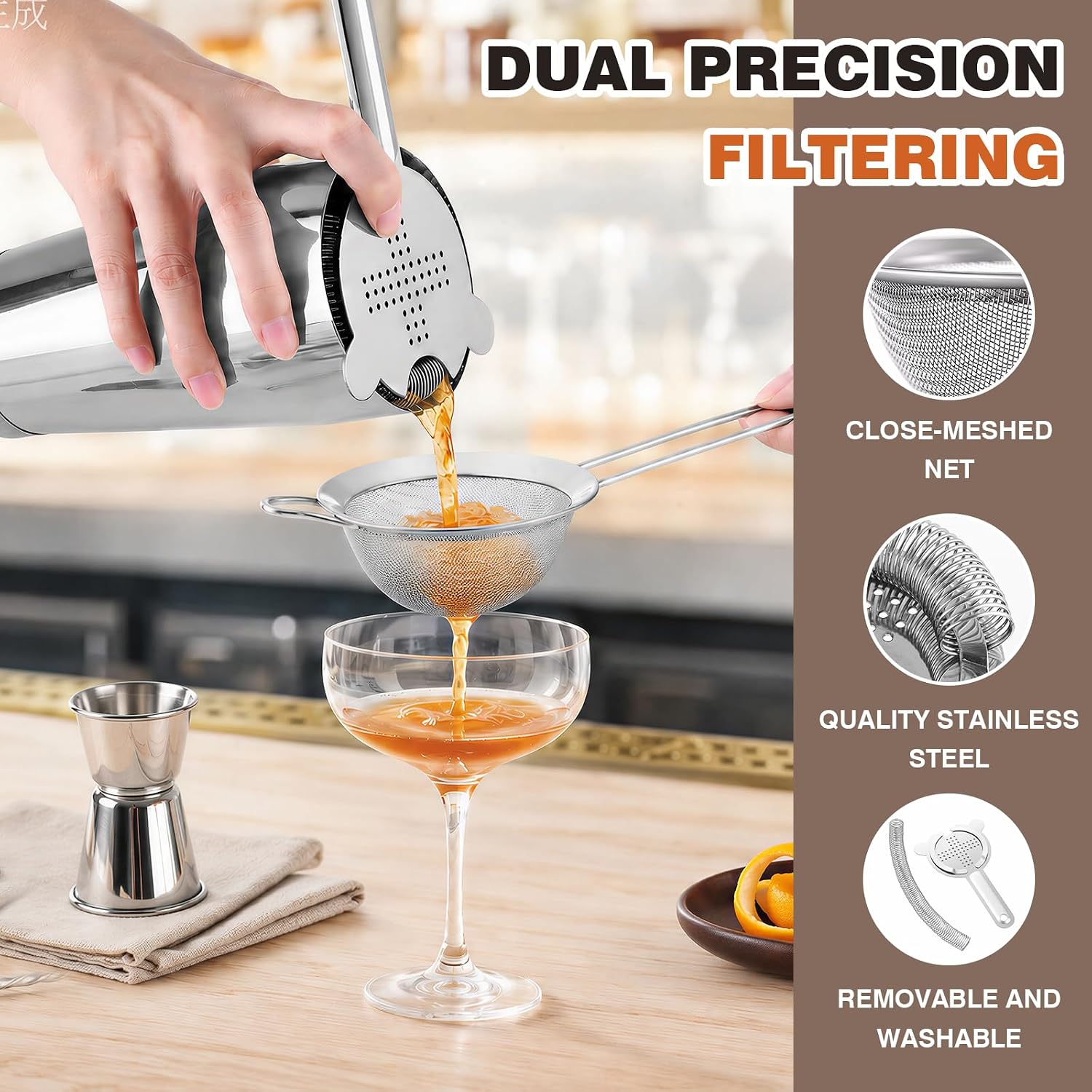 Mwellewm 5Pcs Cocktail Strainer Set, Bar Tools Spoons Muddler Fine Strainer