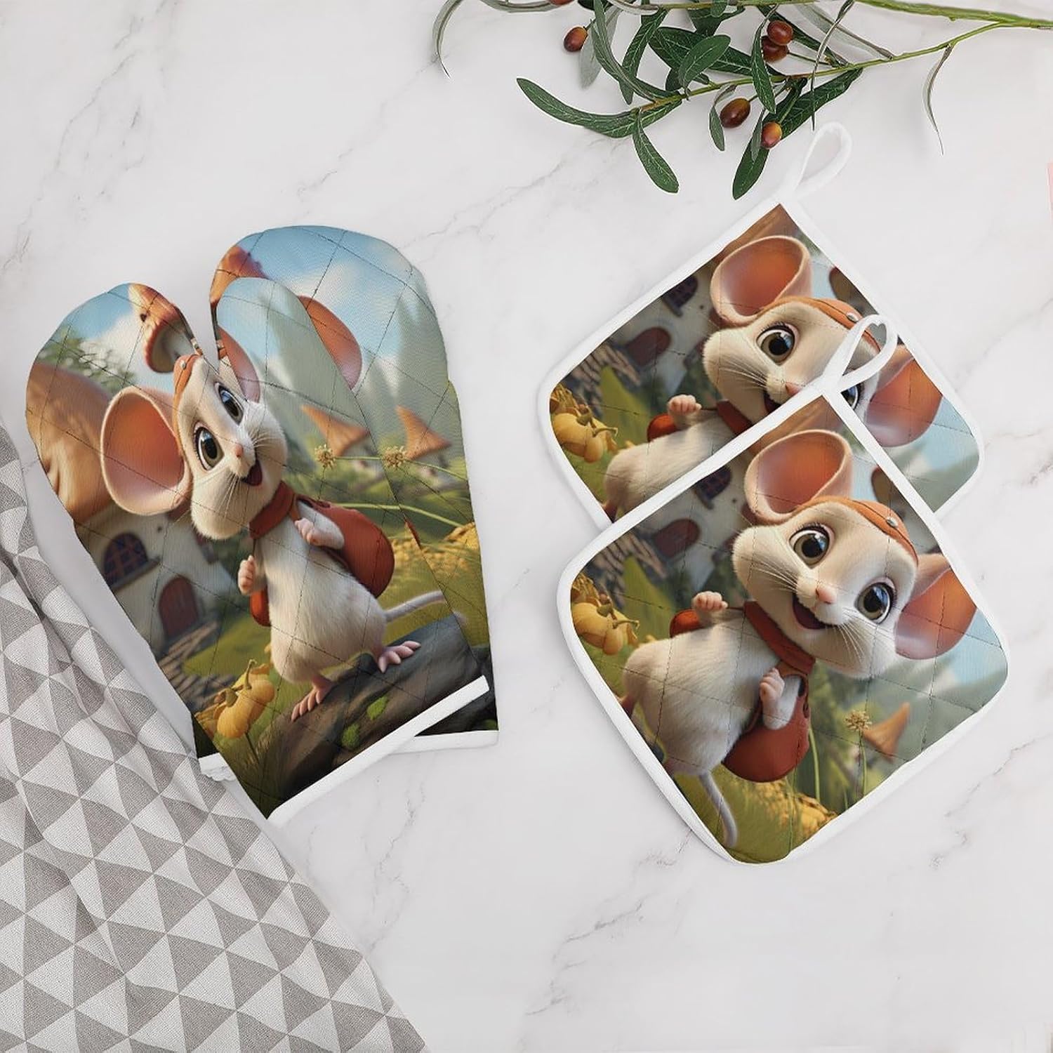 Rat 4 Pcs Oven Mitts and Pot Holders Set High Heat Resistant Long Kitchen Oven Glove Potholders