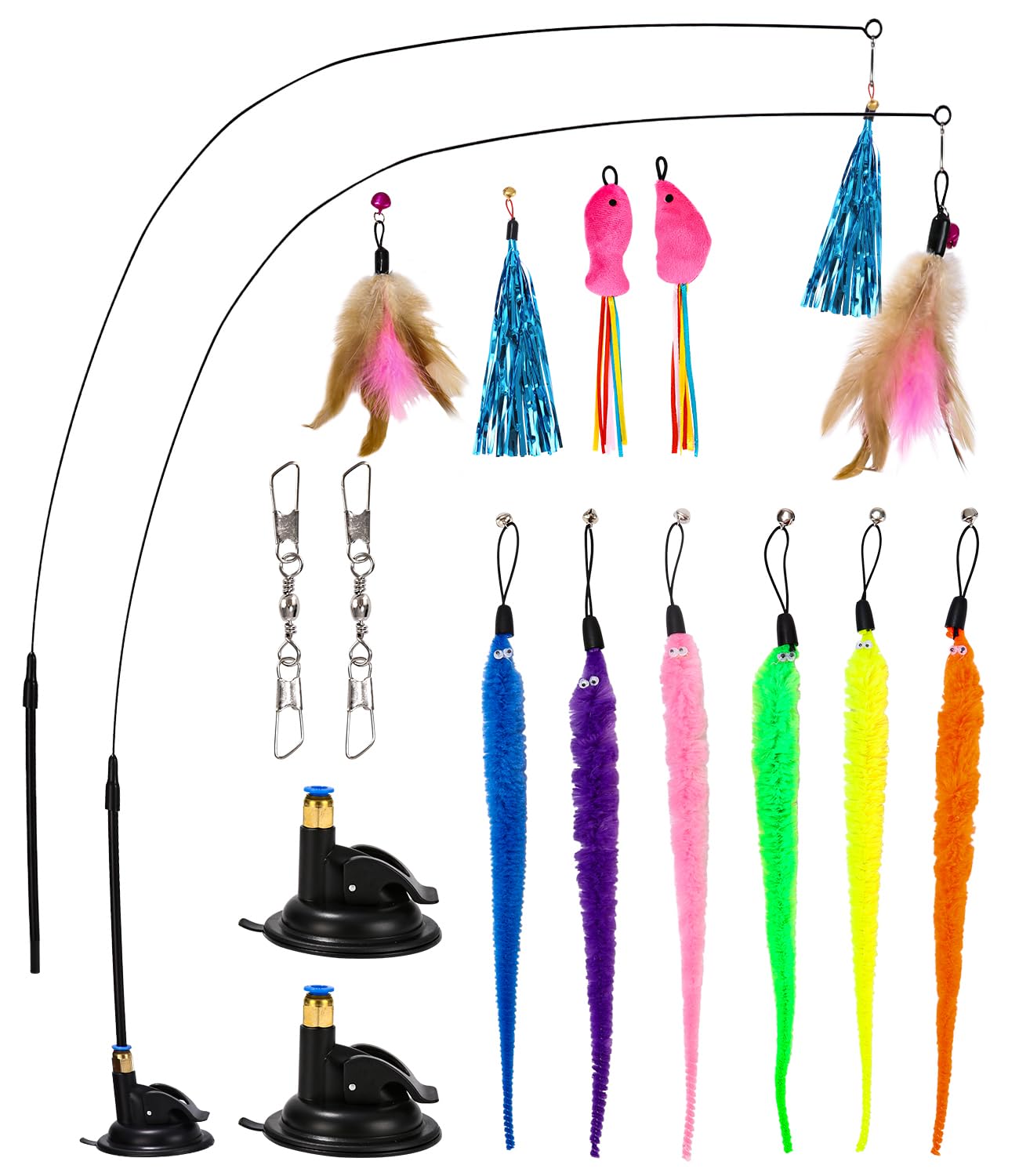 LEAZZLE 16 Piezas Juguetes para Gatos,Juguete Pluma de Gato Interactivo con Ventosa,2 Varitas Divertidas Retráctiles y 14 Teaser de Plumas de Repuesto con Campana- para Gatos y Gatitos