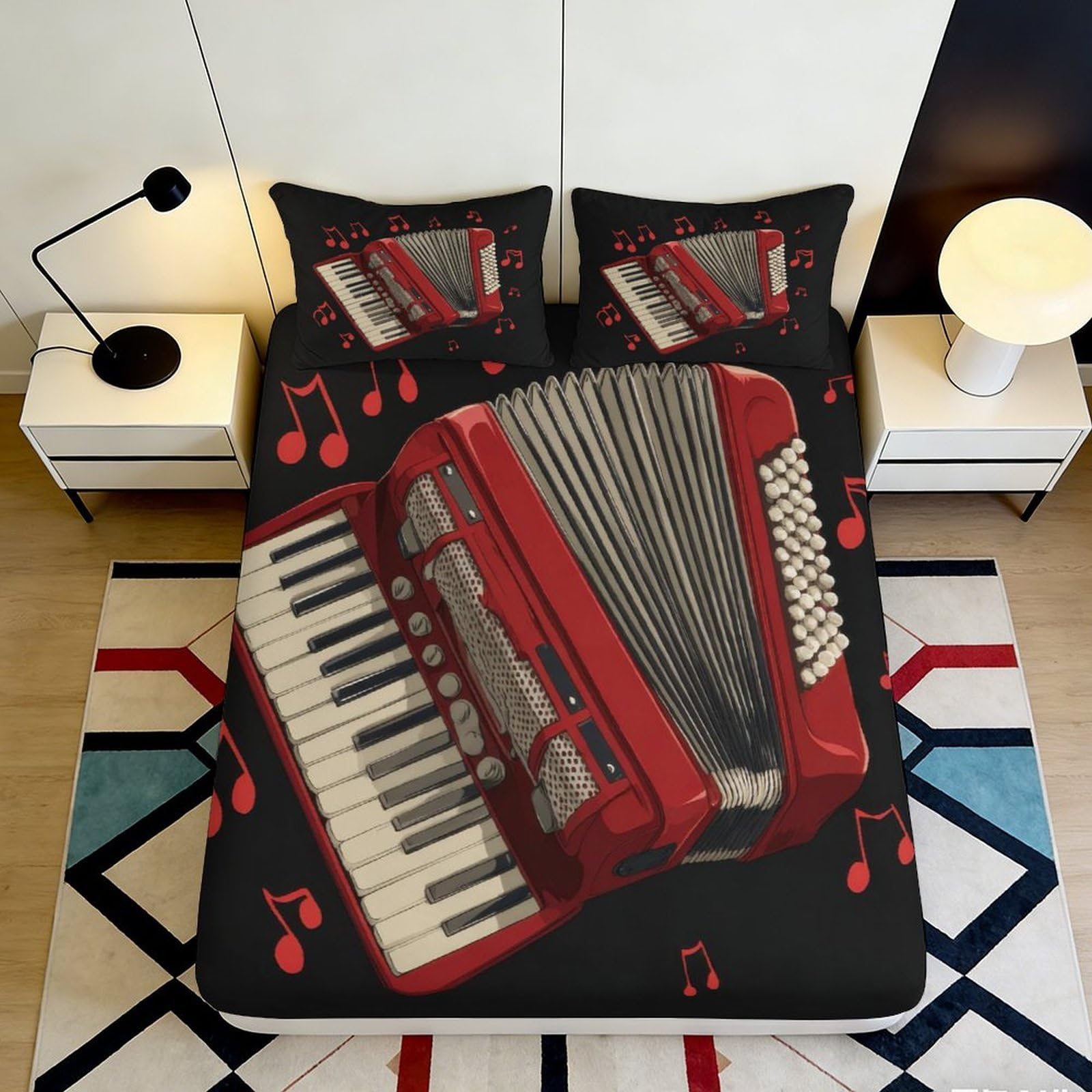 3D Printed Red Accordion Fitted Sheet Microfiber Soft Bedroom Decor Music Notes Bed Cover for Adult Teen Room 90x200x25cm
