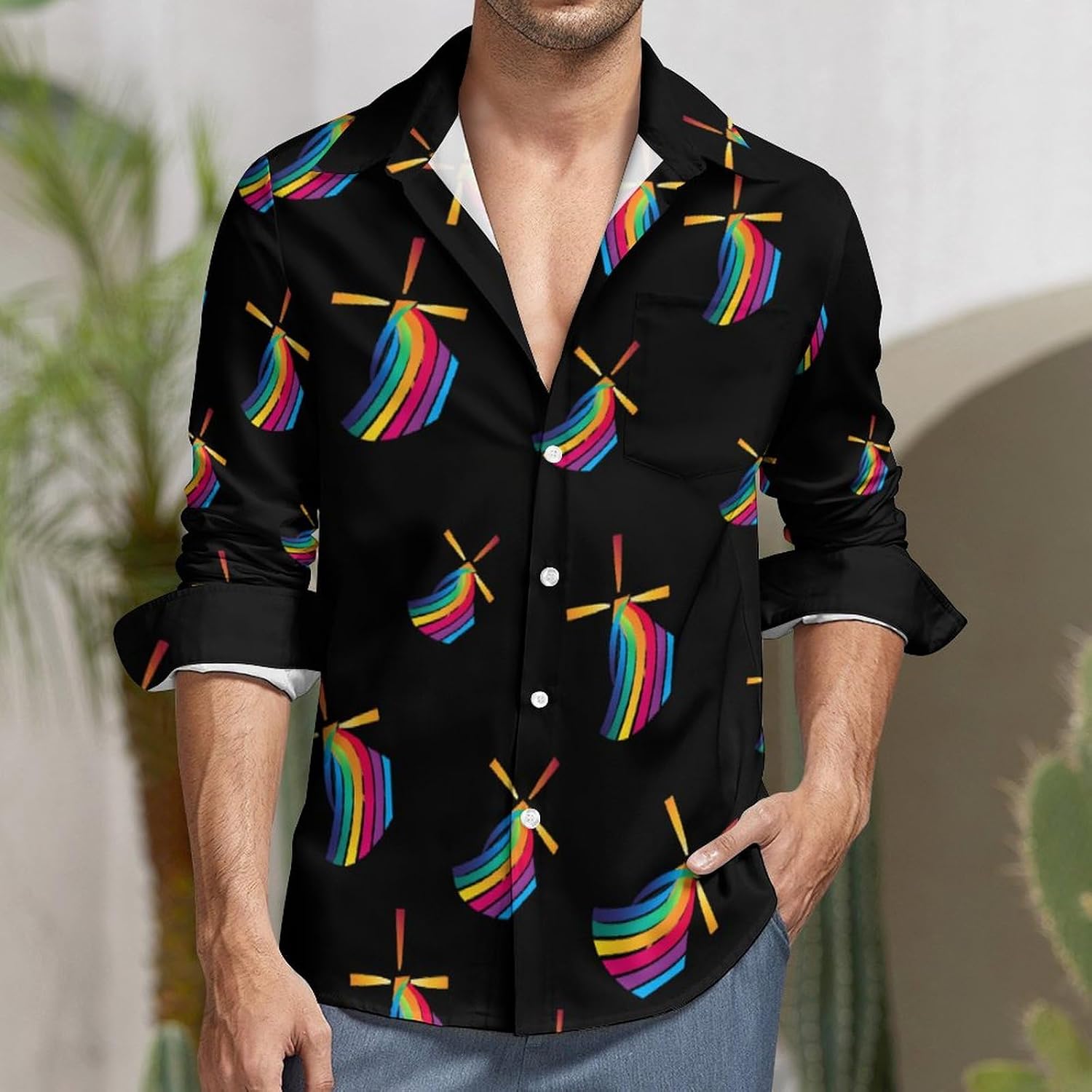 Winds of Change Rainbow Novelty Men's Long Sleeve Shirts Casual Button Down Shirt Pullover Tops