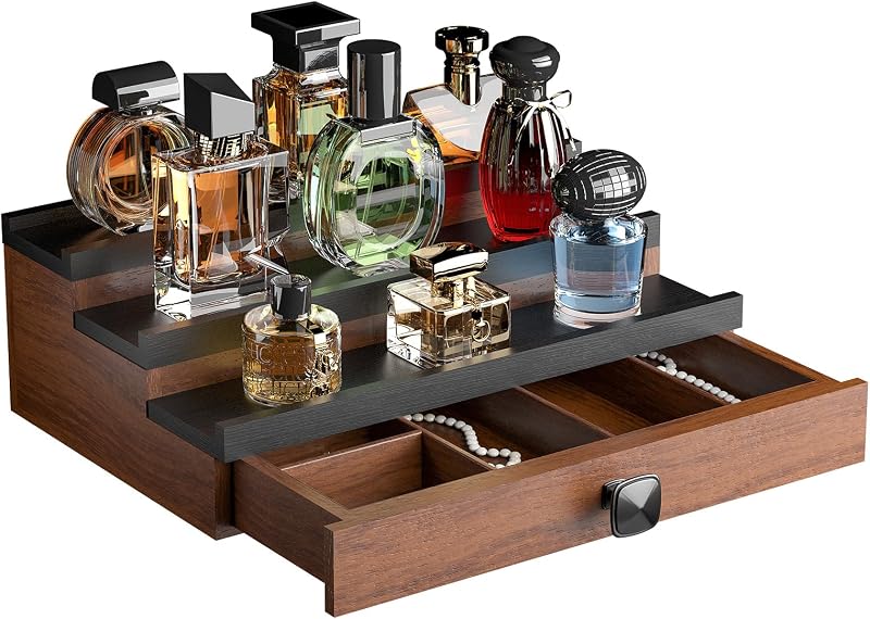 Organizador de colônias TIRYIUOU em madeira de pinho, 3 níveis, gaveta e suporte de mesa, Black Walnut