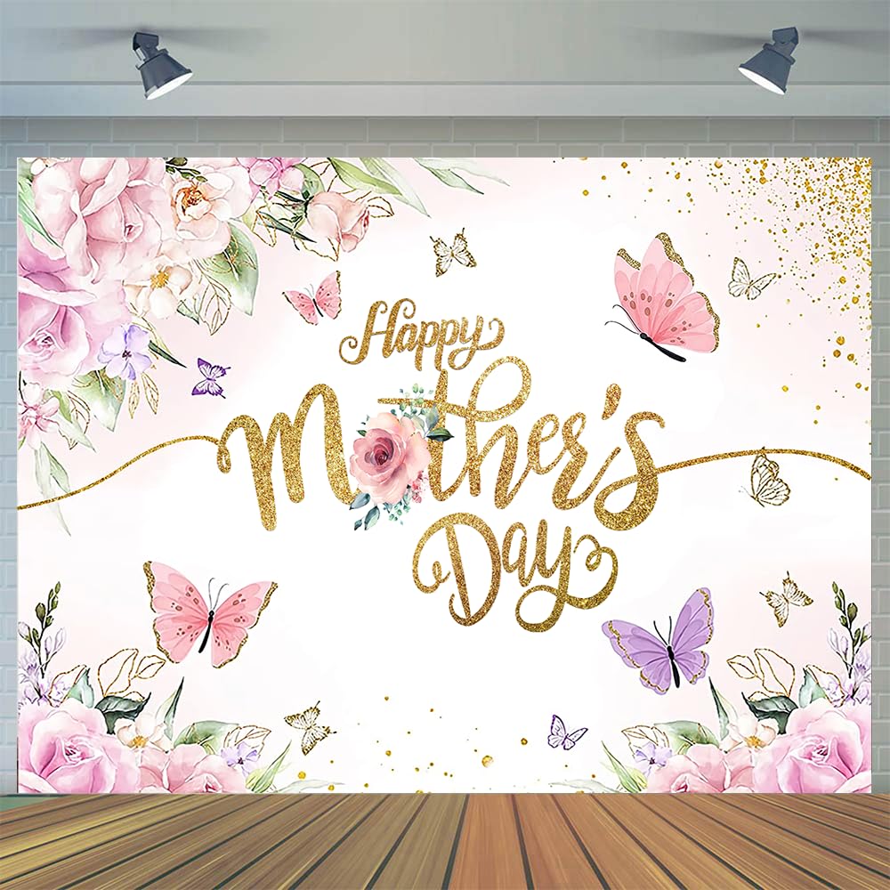 CYLYH 8x6ft Happy Mother's Day Backdrop Floral Golden Dots Mothers Day Birthday Photography Background for Women Vinyl Thanks Mother's Day Photo Booth