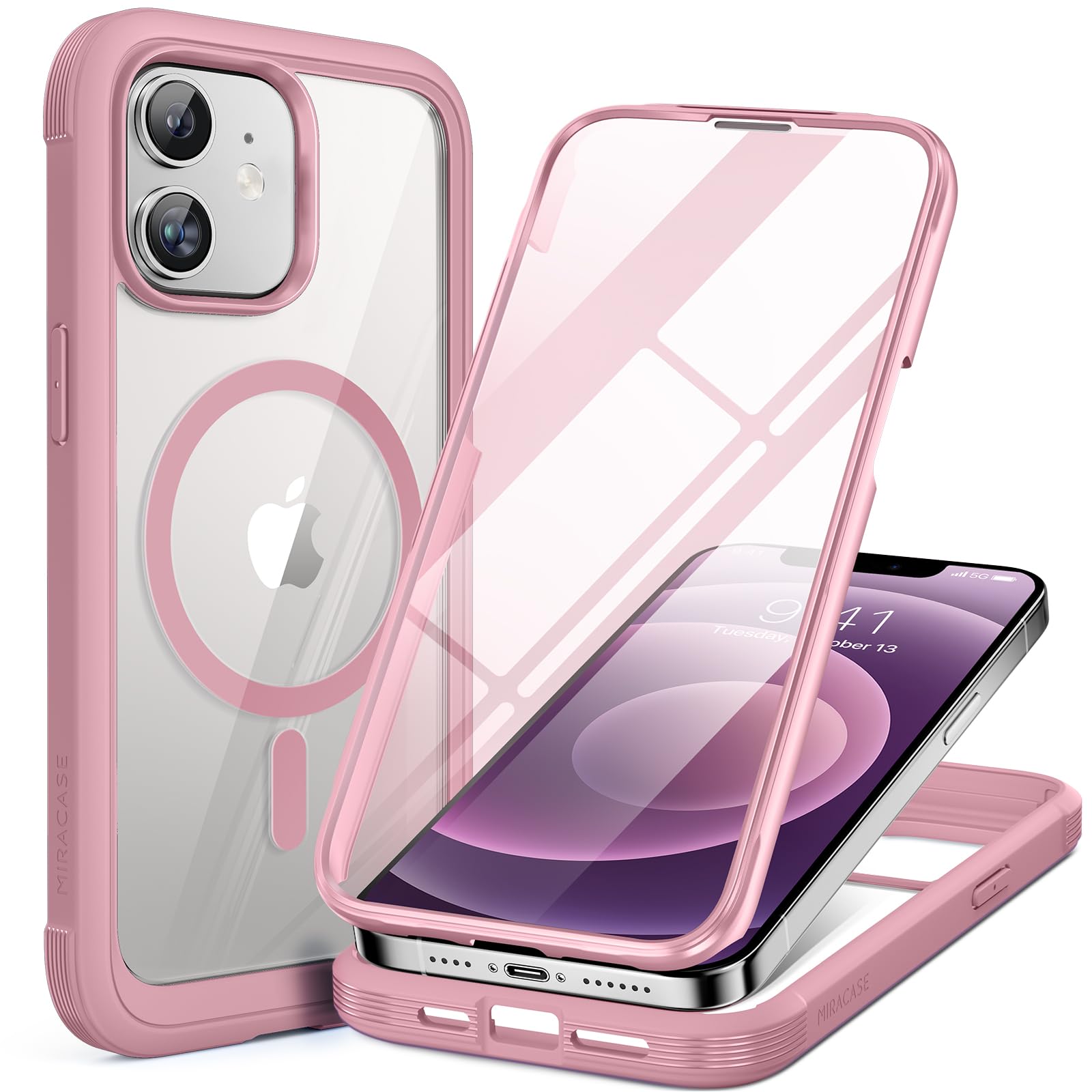 miracase Glass Series Designed for iPhone 12/12 Pro 6.1 Inch, Upgrade Full-Body Magnetic Case with Built-in 9H Tempered Glass Screen Protector, with Camera Lens Protector, Magnetic Pink Magnetic Pink iPhone 12/12Pro