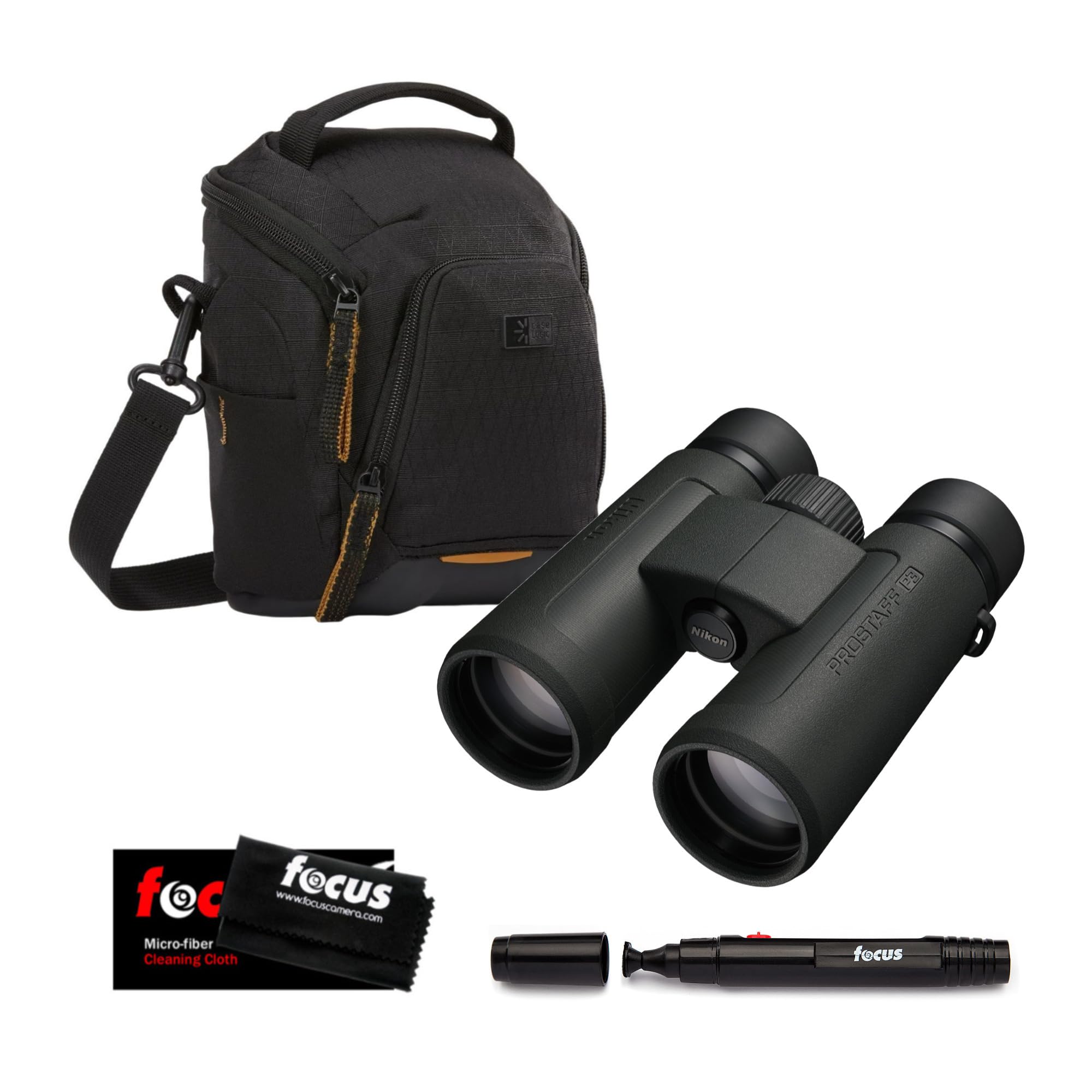 Nikon Prostaff P3 8X42 Binoculars Bundle with DSLR and Mirrorless Camera Shoulder Bag (Black), Focus Lens Cleaning Pen, and Focus Microfiber Cleaning Cloth (4 Items)