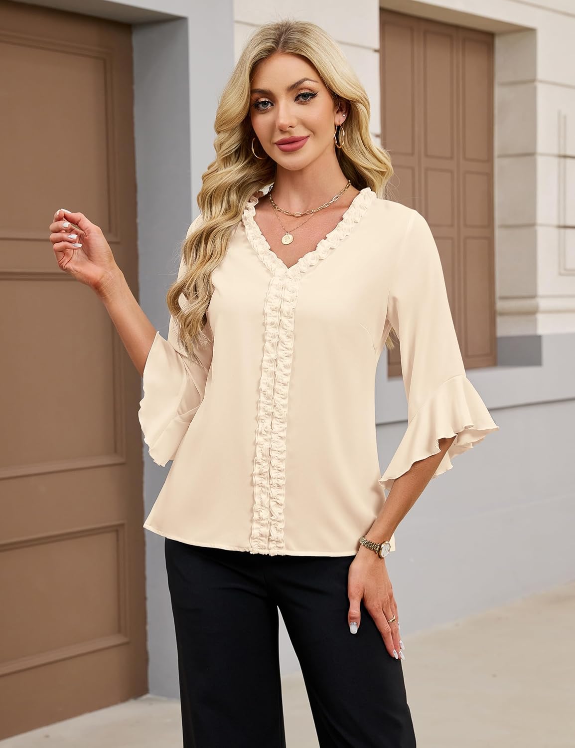 Blooming Jelly Womens Dressy Casual Blouses 3/4 Length Bell Sleeve V Neck Ruffle Tops Trendy Summer Business Work Shirt - Image 2