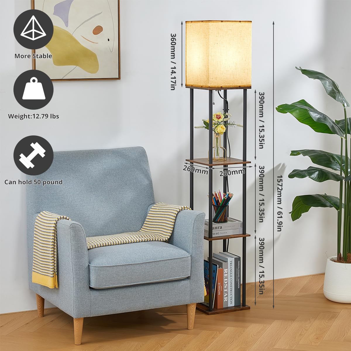 IPARTS EXPERT Lampadaire sur Pied Étagère LED 3 Temp. Vintage | Bibliothèque sur pied moderne avec ampoule E27, pour chambre, salon et coin canapé