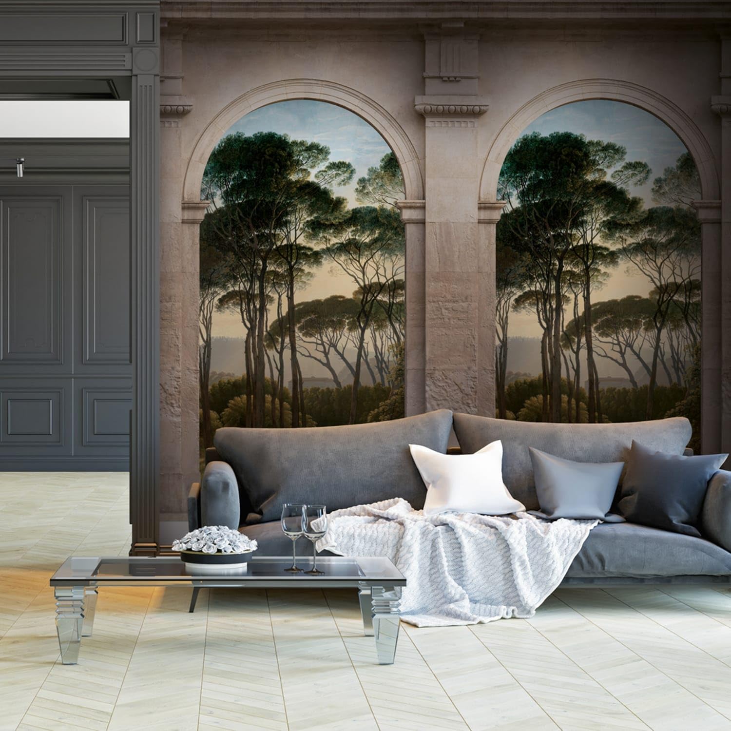 Papier peint intissé gris vert beige bleu panoramique forêt Profhome