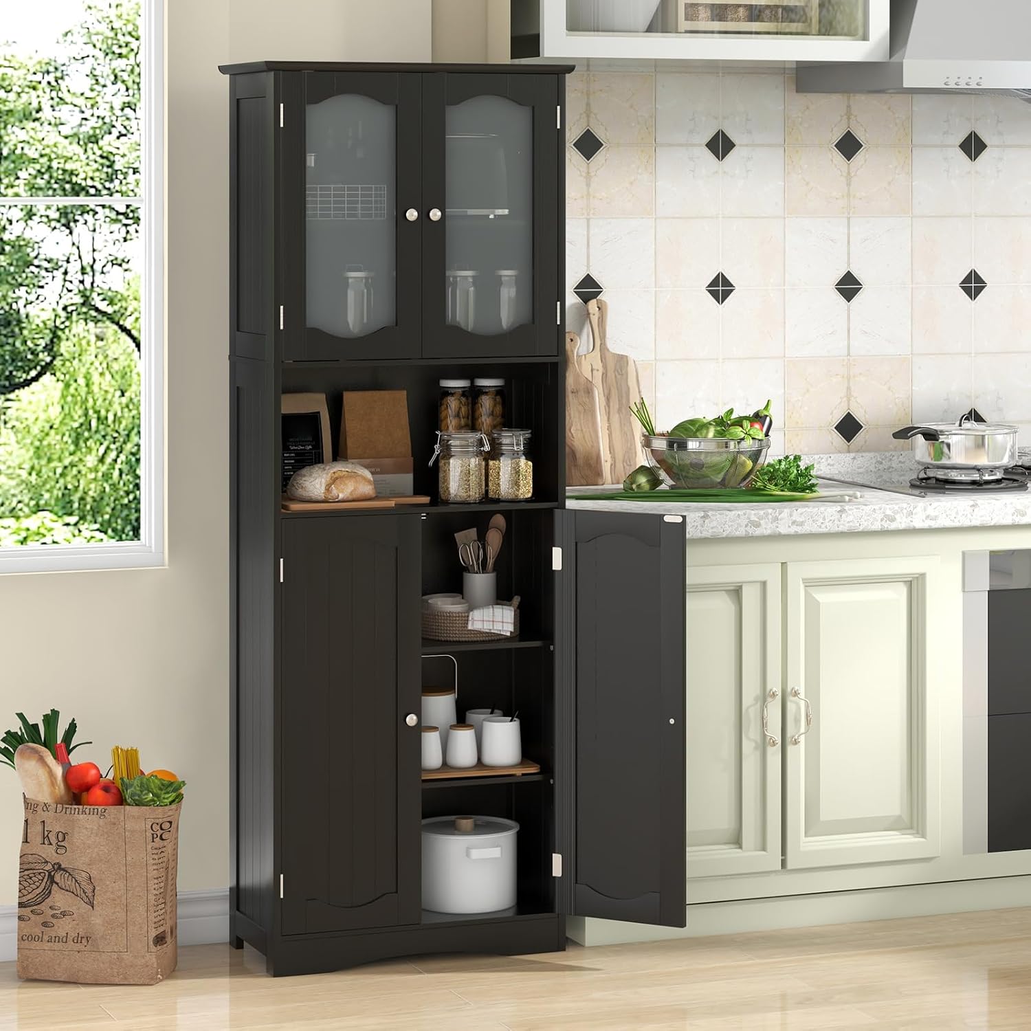 Tangkula 64.5" Tall Bathroom Storage Cabinet, Freestanding Floor Cabinet with Frost Glass Doors and Shelves, Kitchen Pantry for Living Room, Dining Room, Office (Black, 64.5" H)