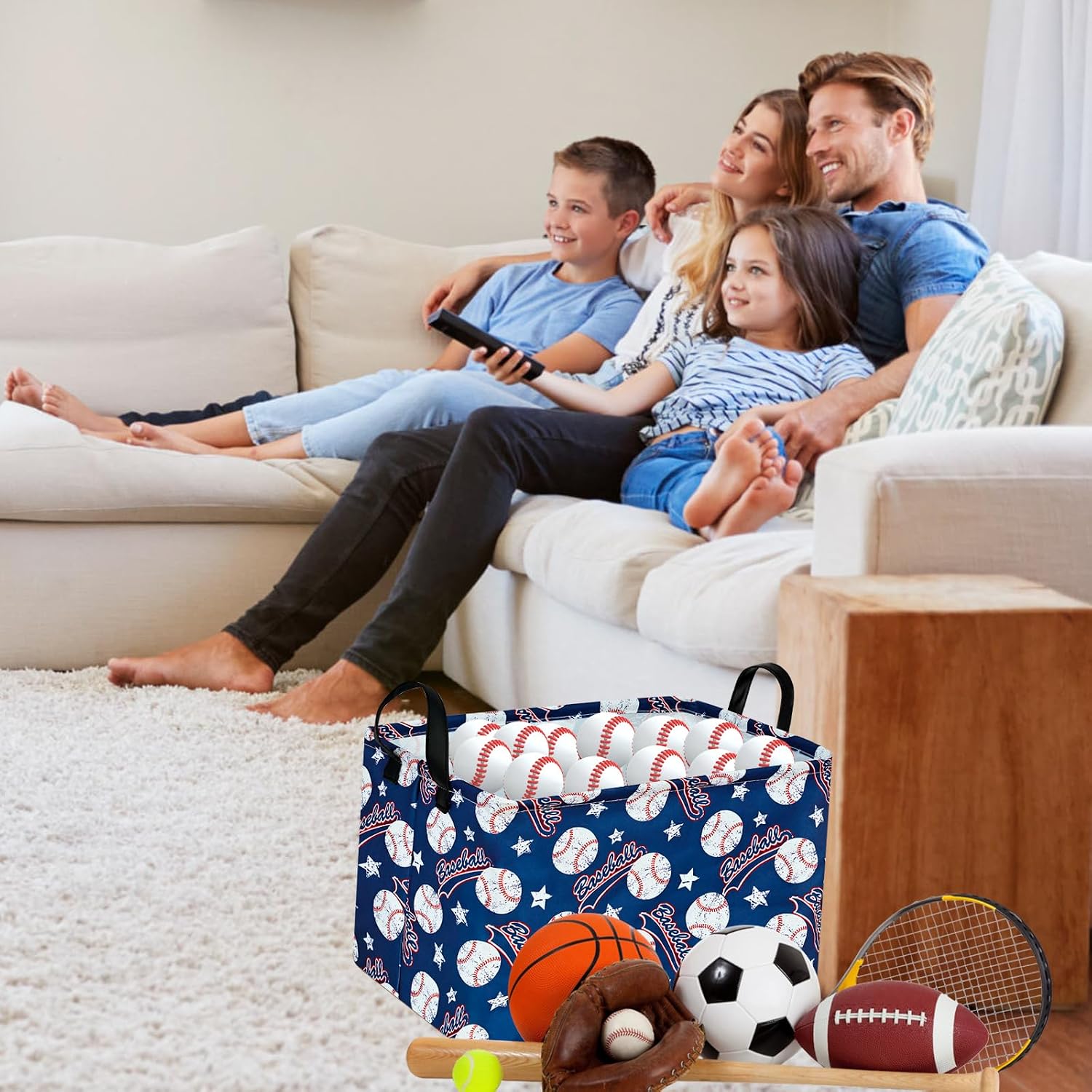 Blue Baseball Pattern Storage Basket Gift Laundry Bins Collapsible Storage Baskets Box Laundry Nursery Hamper for Home and Office Decoration with Handles
