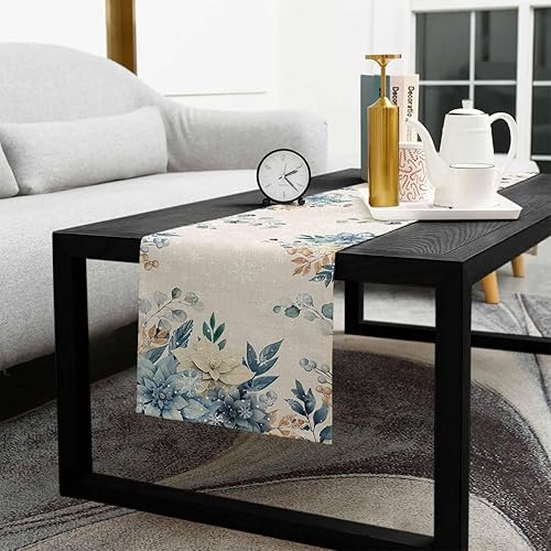 Miniatura 5 de Camino de mesa de Navidad azul de 108 pulgadas de largo, eucalipto de algodón y lino, camino de mesa de arpillera para tocador, comedor, fiesta,