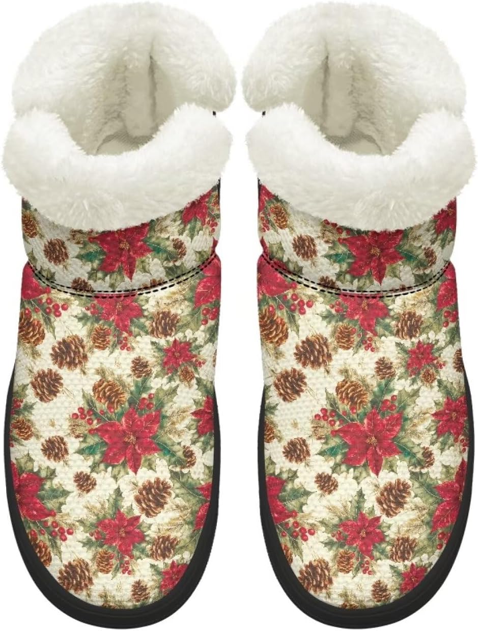 Women's Wide Toe Box Mid-Calf Snow Boots Non-Slip Furry Faux Winter Ankle Boots Slip on Hands Free Booties 4.5-12