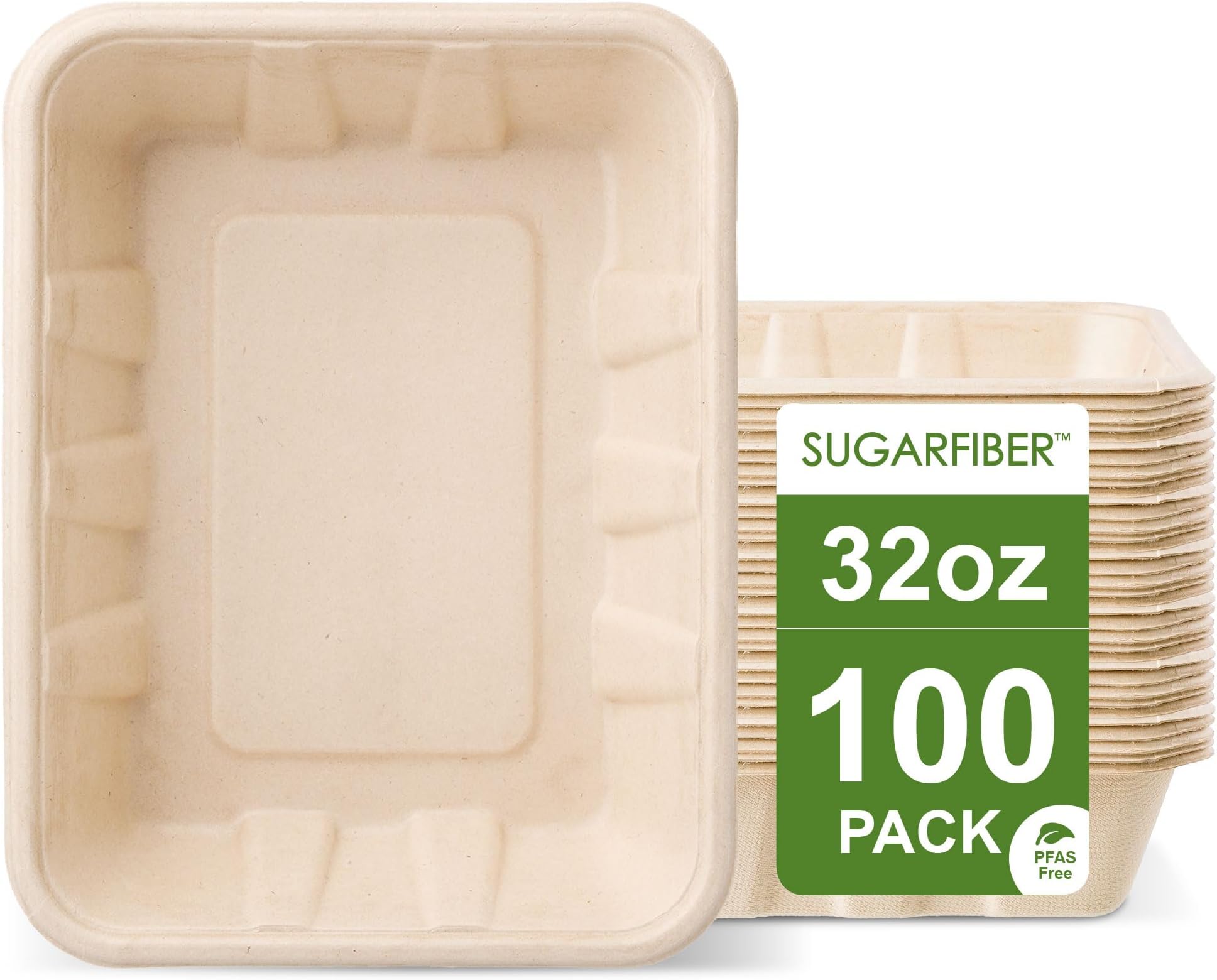 [100 COUNT]Harvest Pack 32 oz Compostable Food Trays, 8.49" x 6.45" x 1.86" Disposable PFAS FREE Food Container, Bagasse Rectangle Paper Plates, Sugarcane Eco-Friendly Plant Fibers, No Lids included