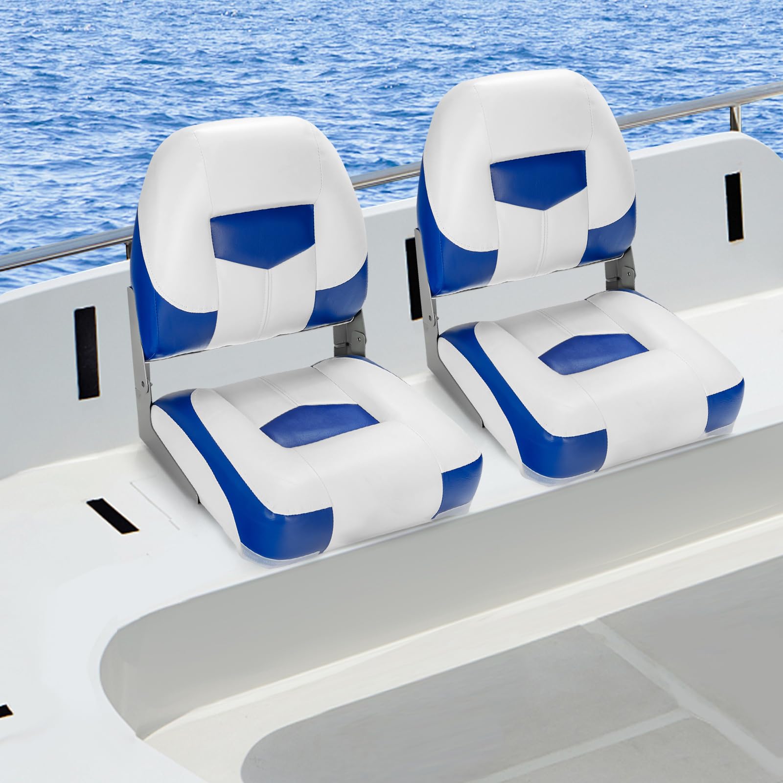 HOMASIS Juego de 2 asientos de barco plegables, Silla de barco con acolchado de esponja, Asiento yate ergonómicos con correas y tornillos de fijación, barco para pescar, pilotaje, 50x42x52cm (Azul)