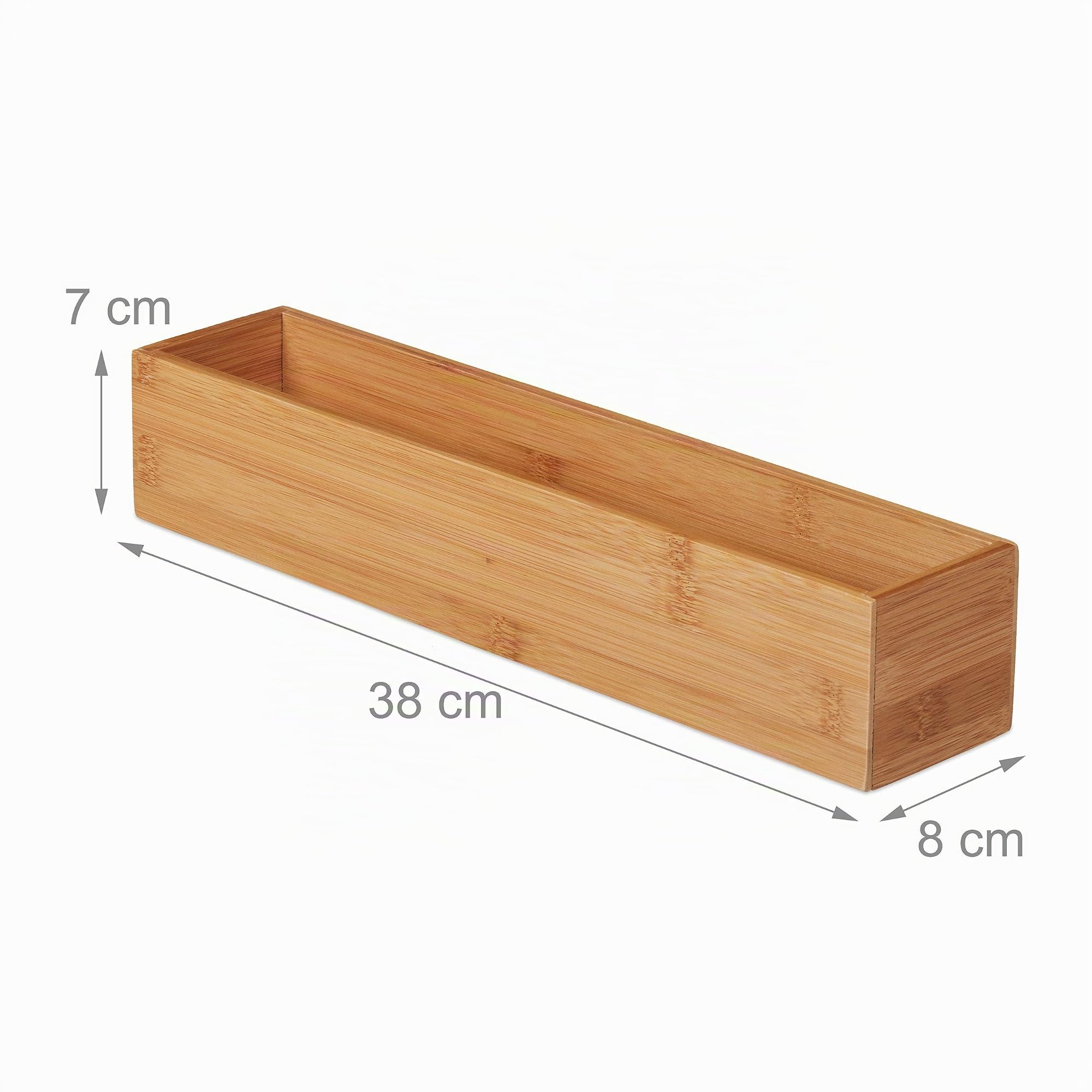 8 x Bambus Box, Aufbewahrung Bad, Küche & Schreibtisch, länglich & schmal, Ordnungsbox, HxBxT: 7 x 38 x 8 cm, natur