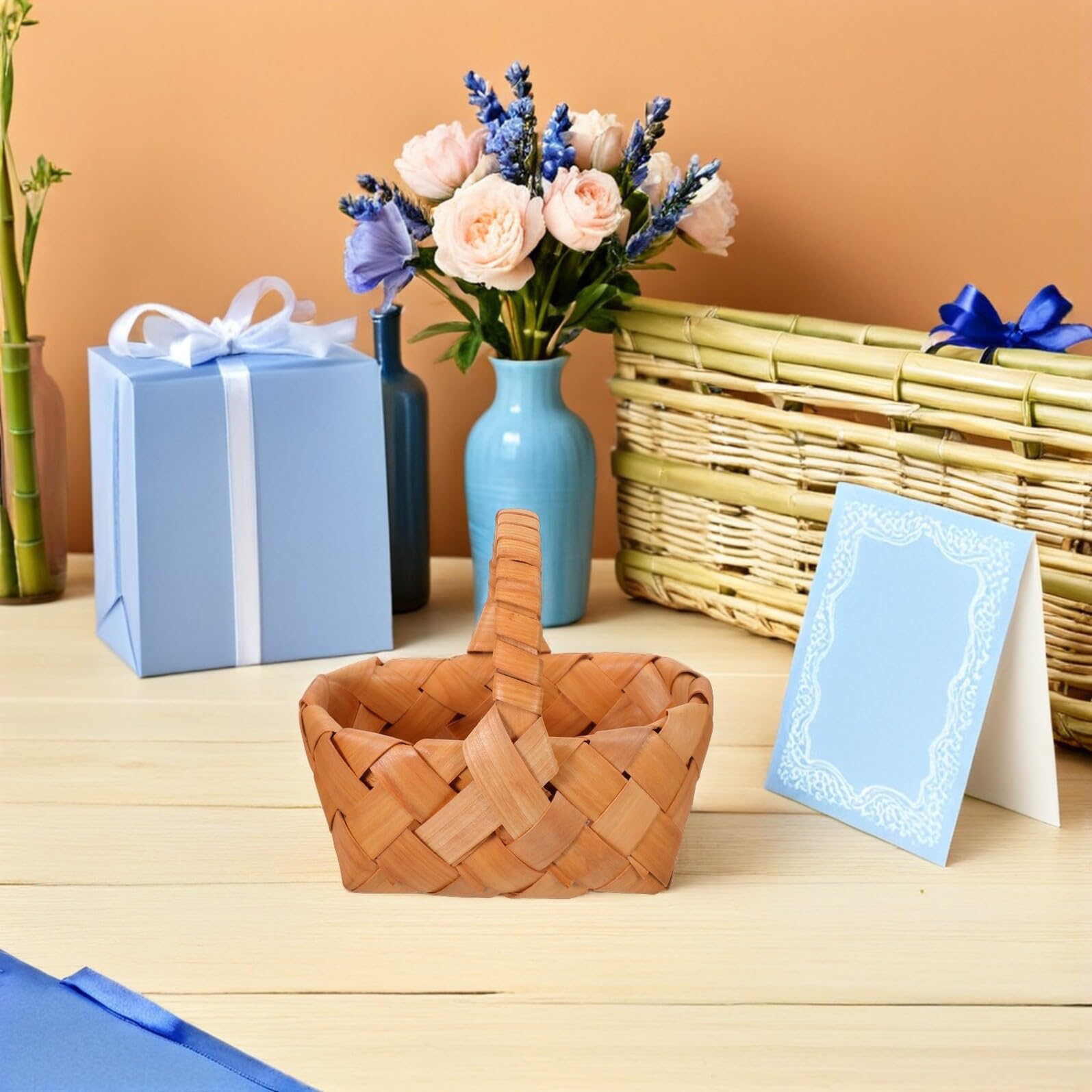 VALICLUD Mini Cestas Tejidas de Madera con Asa, 4 Unidades para Almacenamiento y Adorno de Bodas